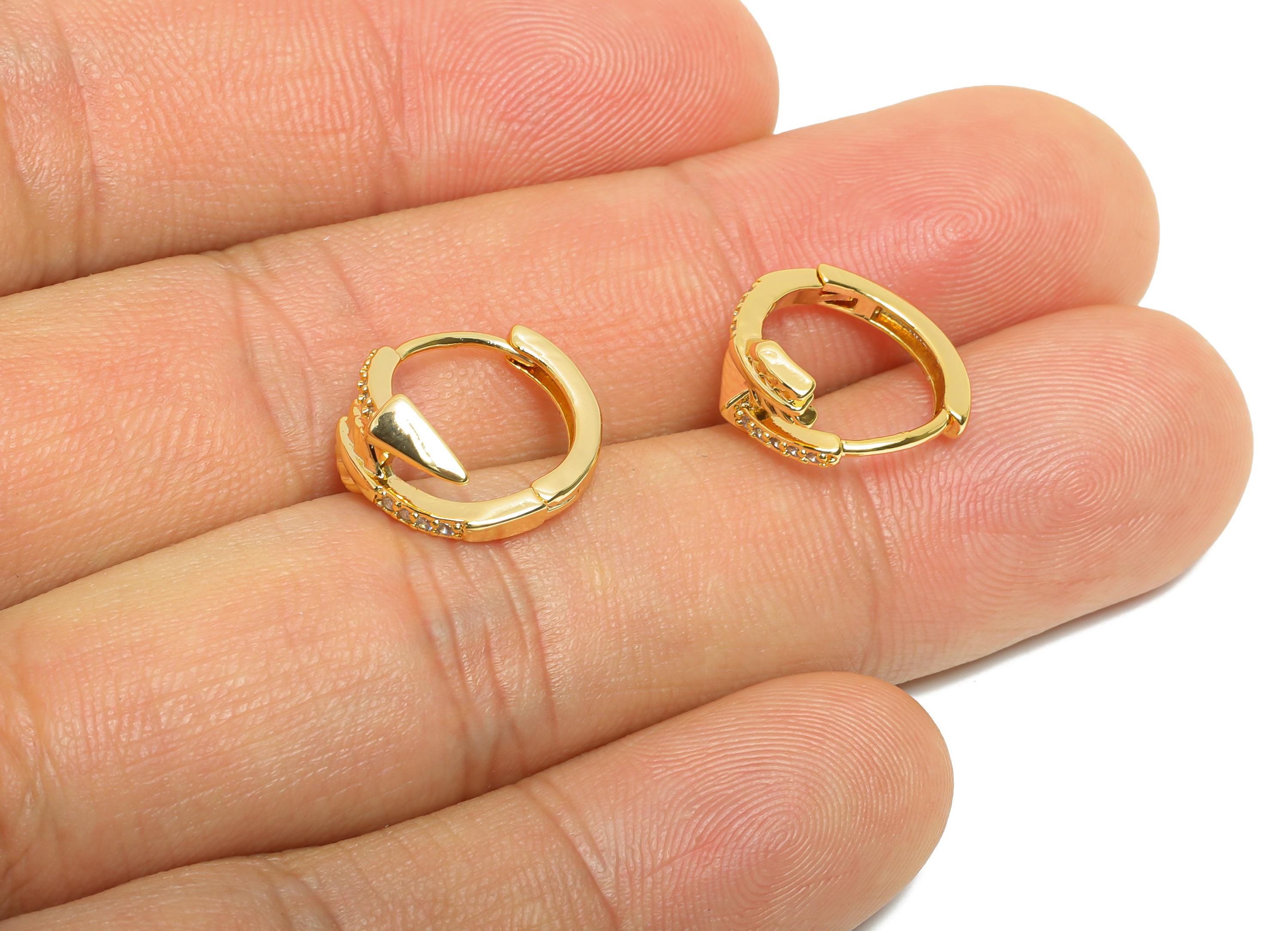Brass CZ Huggie Hoop Earring - Brass Arrow Zircon Earring - Statement Huggie Hoop Clasp - 18K Real Gold Plated - 14.63x13x6.9mm - RGP10848 - DOMEDBAZAAR