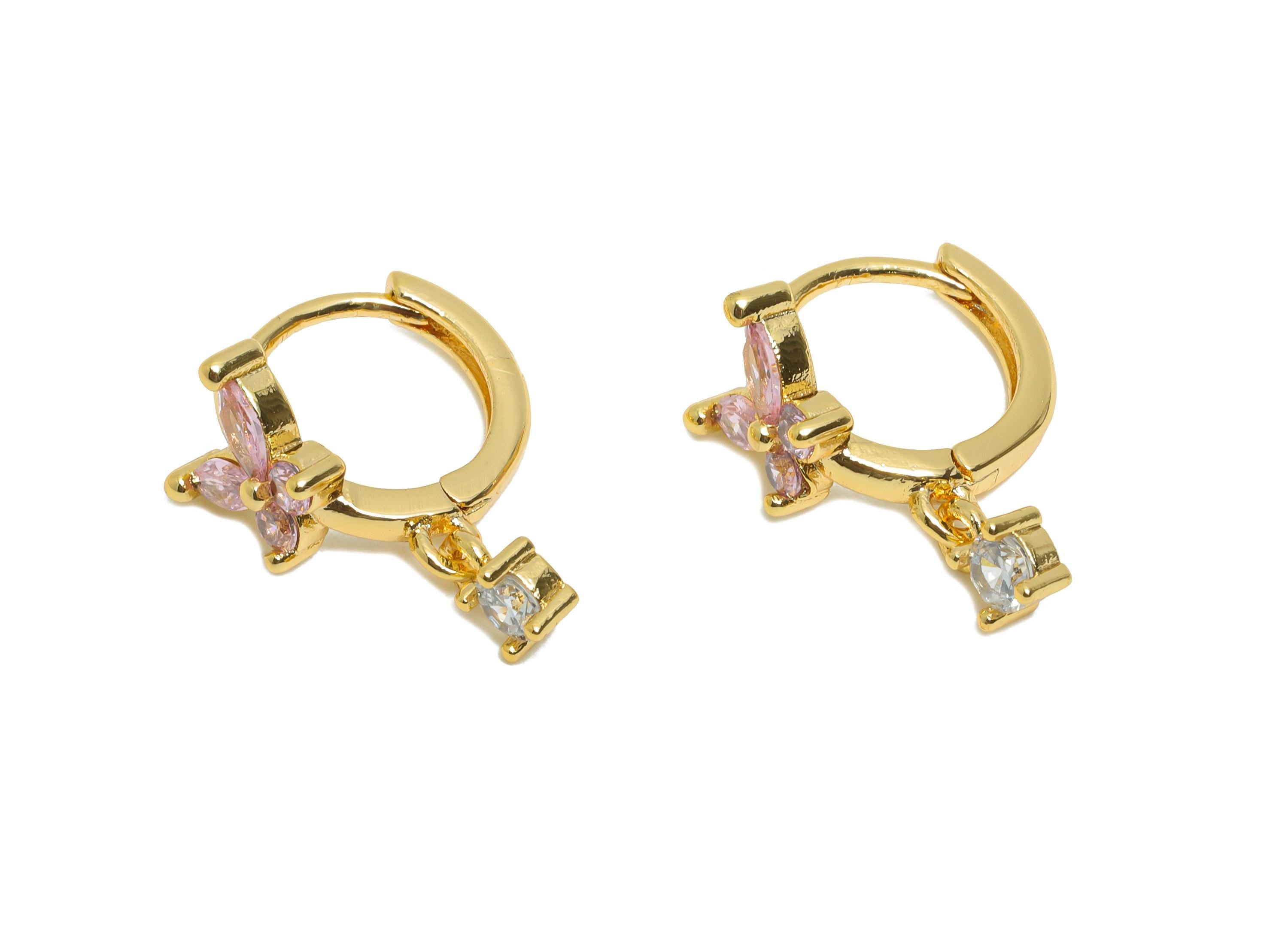 Brass CZ Dangle Huggie Hoop Earring - Butterfly Zircon Earring - Chic Huggie Hoop Clasp - 18K Real Gold Plated - 12.7x12x7.5mm - RGP10871 - DOMEDBAZAAR