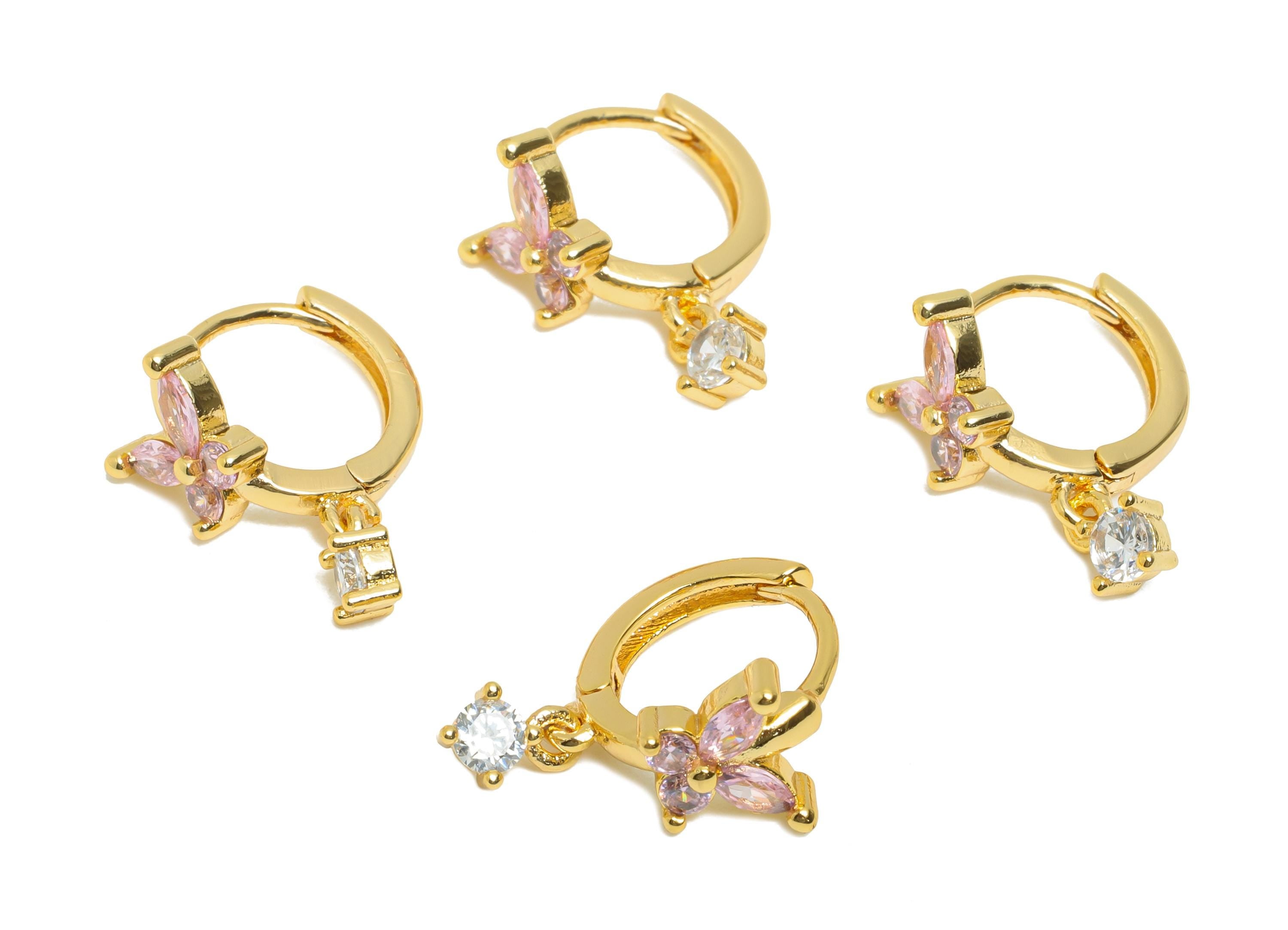 Brass CZ Dangle Huggie Hoop Earring - Butterfly Zircon Earring - Chic Huggie Hoop Clasp - 18K Real Gold Plated - 12.7x12x7.5mm - RGP10871 - DOMEDBAZAAR