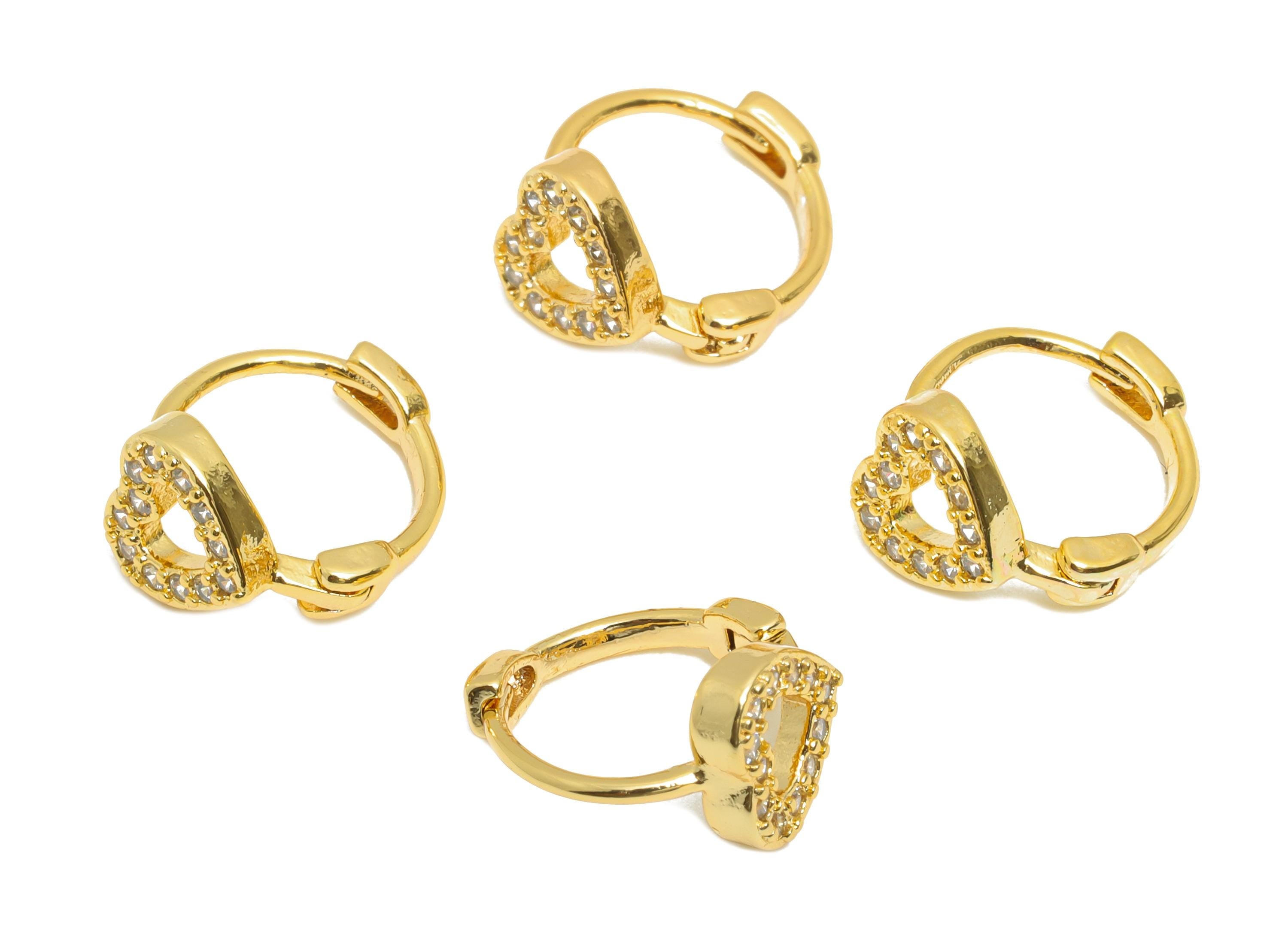 Brass CZ Huggie Hoop Earring - Everyday Heart Zircon Earring - Minimalist Huggie Hoop Clasps - 18K Real Gold Plated - 12x10x6.9mm - RGP10887 - DOMEDBAZAAR