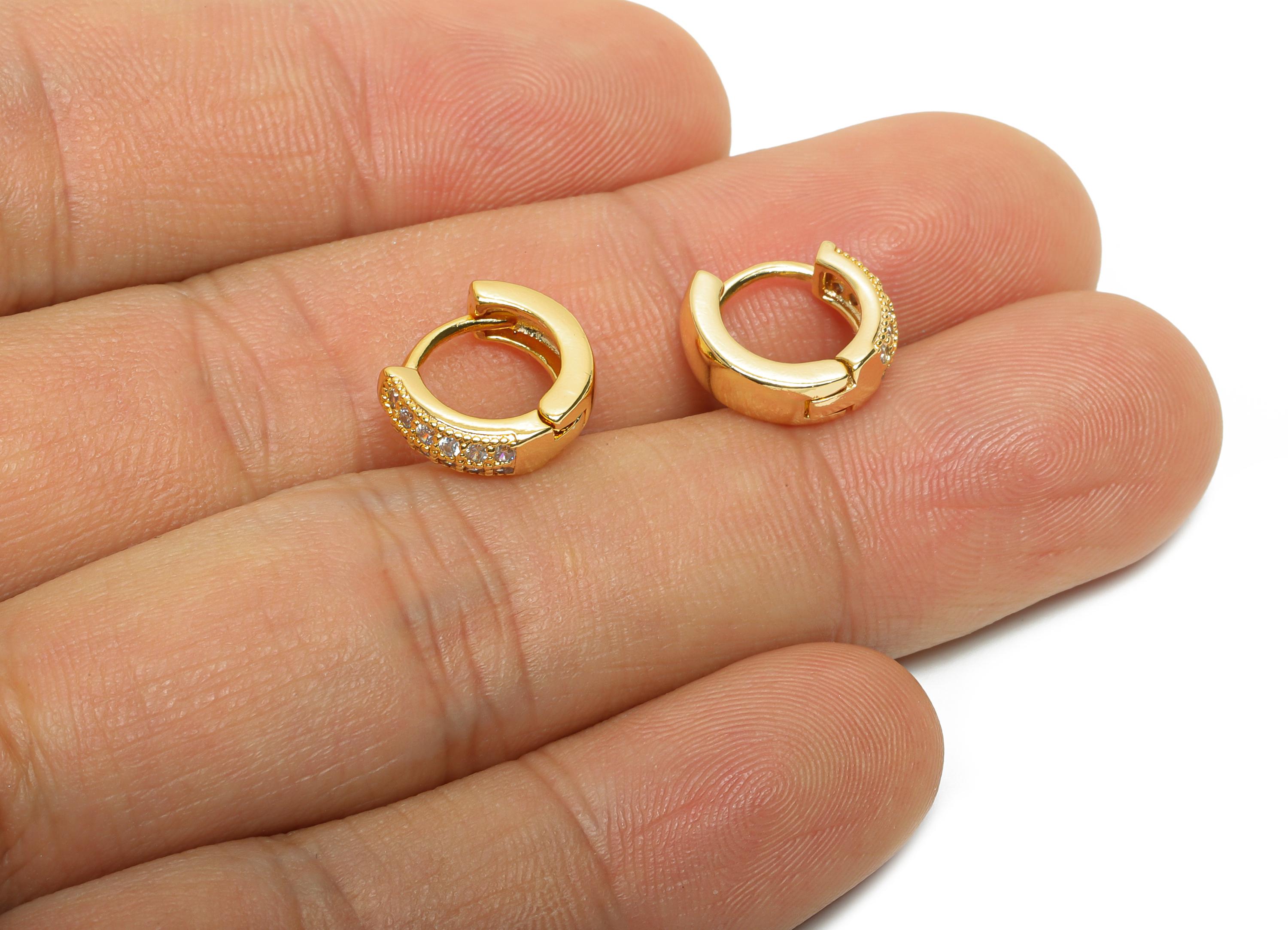 Brass CZ Huggie Hoop Earring - Bead Zircon Hoop Earring - Sparking Hoop Clasp - For Woman - 18K Real Gold Plated - 12x10x3.8mm - RGP10847 - DOMEDBAZAAR