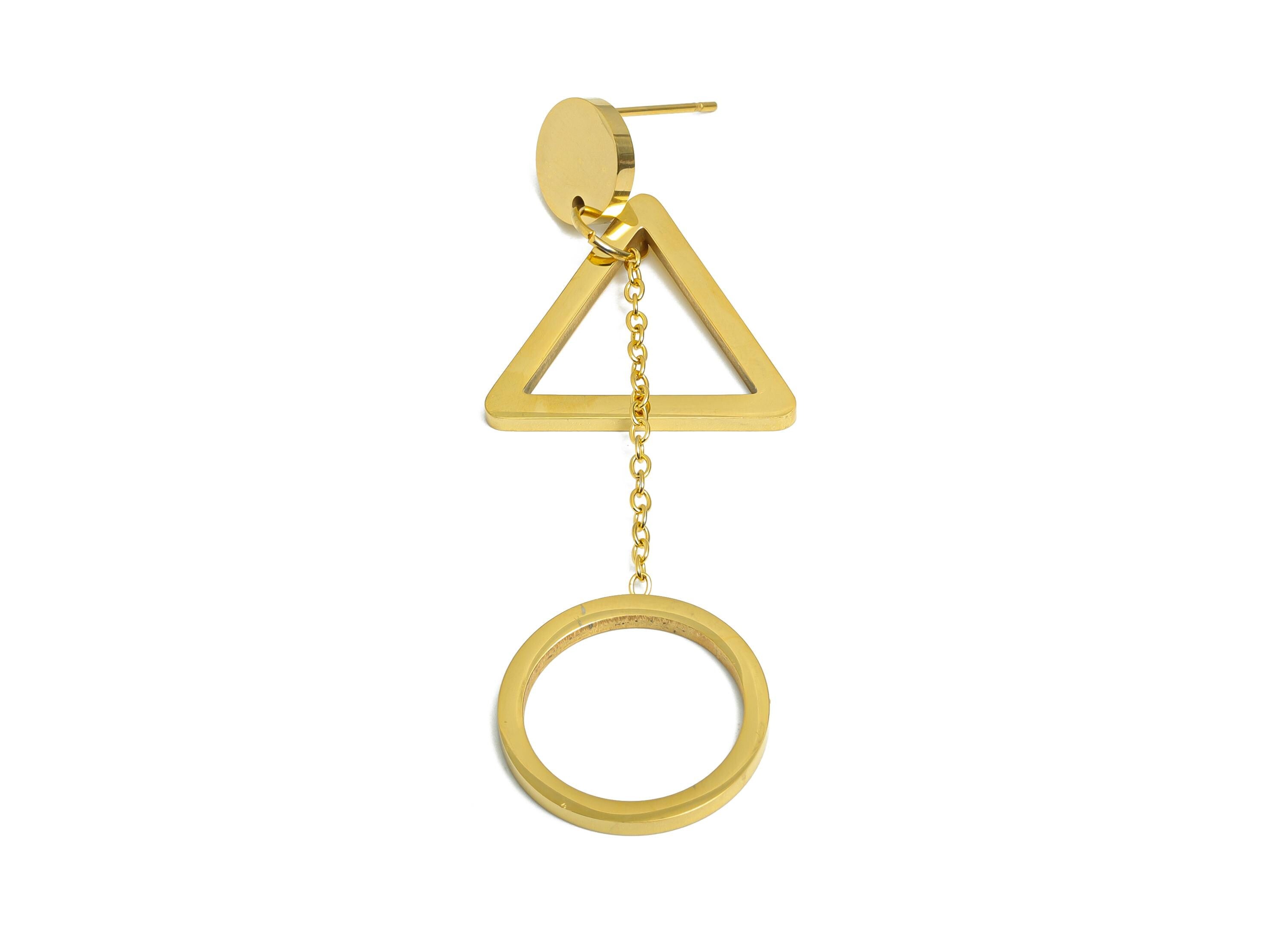 Steel Dangle Earring Stud - Modern Triangle and Circle Earring Post - Trendy Geometric Post - Vacuum Gold Plated - 64.6x23.9x1.86mm - SS2410 - DOMEDBAZAAR