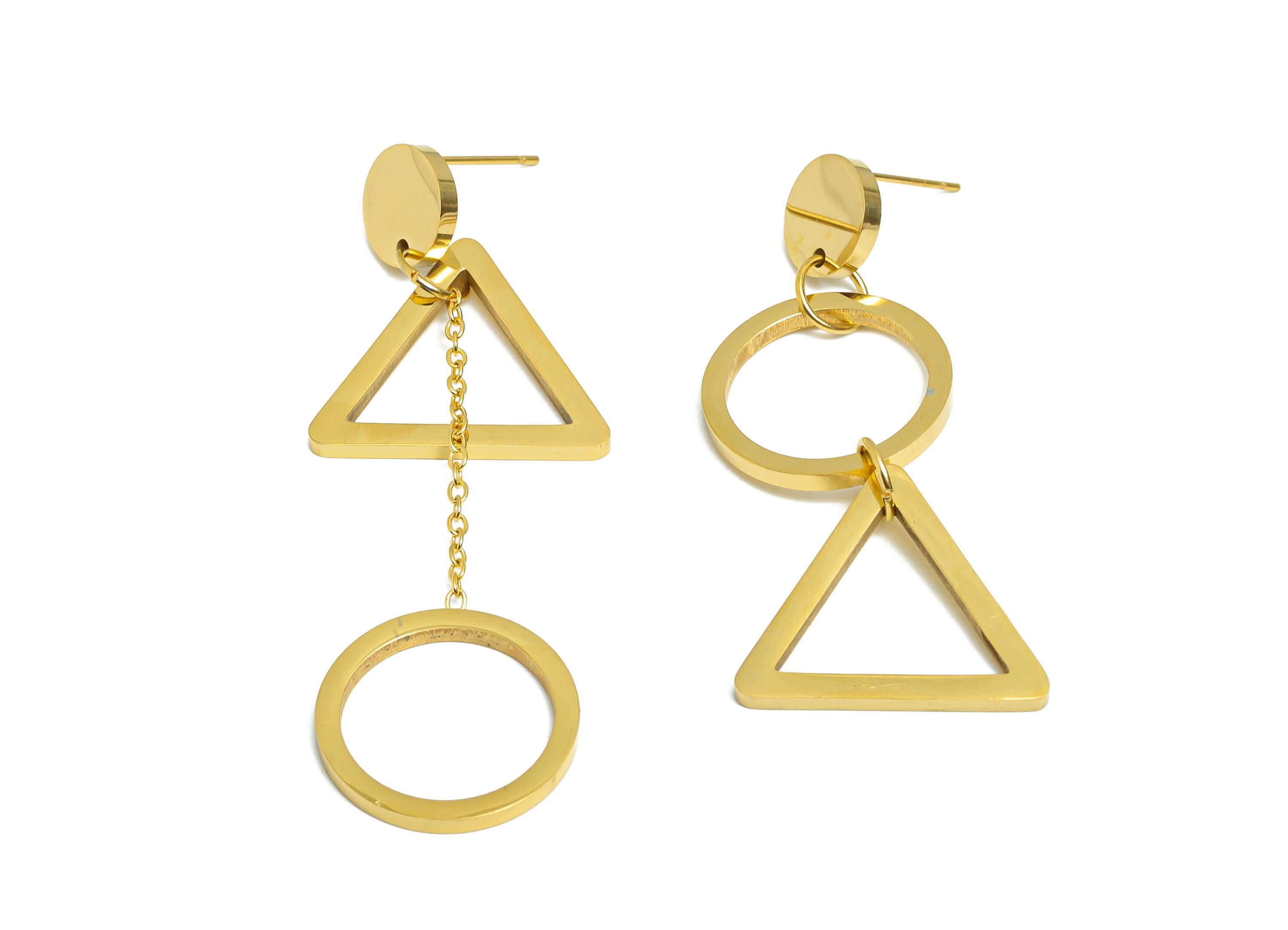 Steel Dangle Earring Stud - Modern Triangle and Circle Earring Post - Trendy Geometric Post - Vacuum Gold Plated - 64.6x23.9x1.86mm - SS2410 - DOMEDBAZAAR