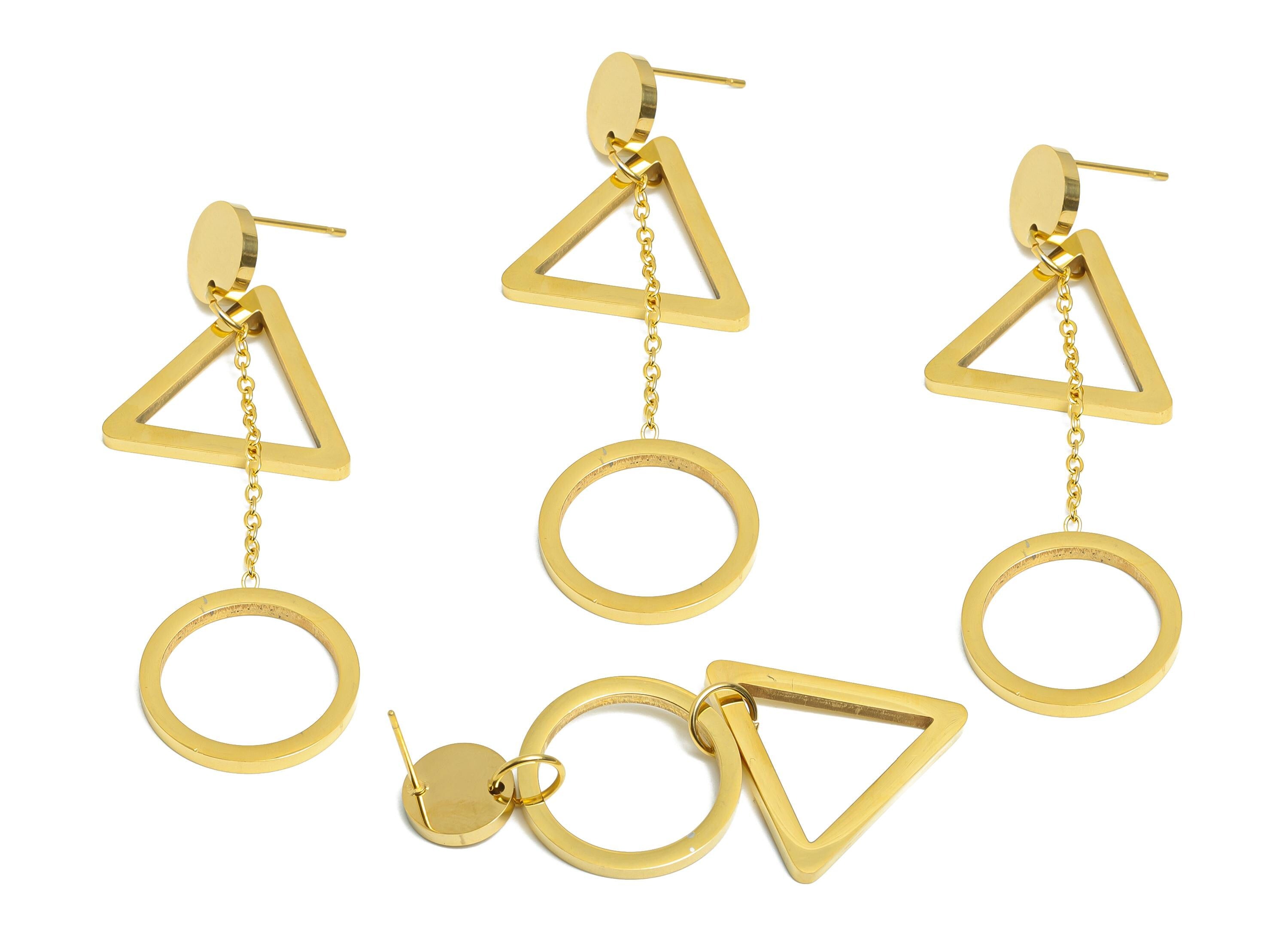 Steel Dangle Earring Stud - Modern Triangle and Circle Earring Post - Trendy Geometric Post - Vacuum Gold Plated - 64.6x23.9x1.86mm - SS2410 - DOMEDBAZAAR