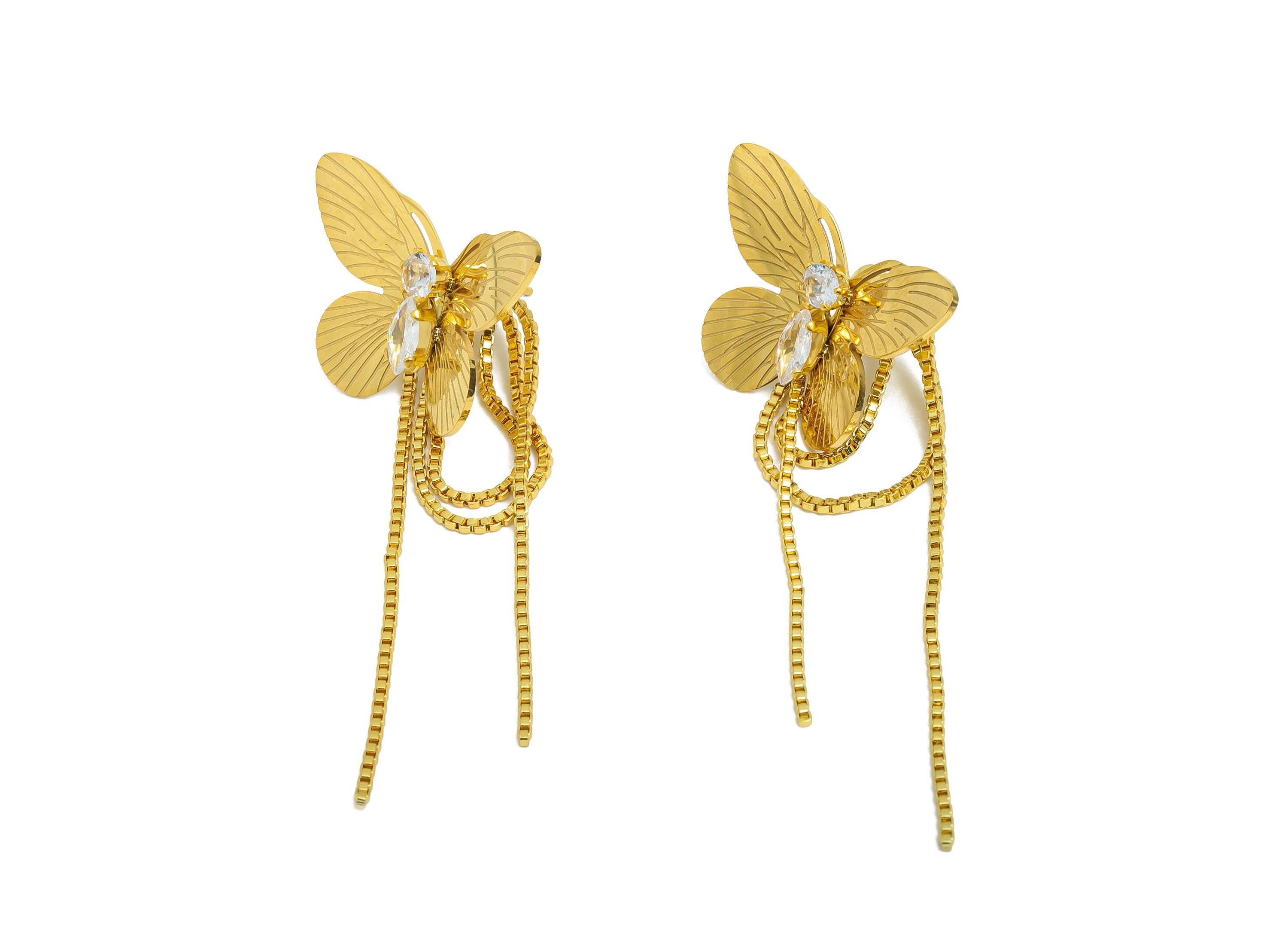 Steel Butterfly Dangle Earring Stud - Delicate Gold CZ Hanging Post - Chic Box Chain Tassel Stud - Gold Vacuum Plated - 63x28.6x8mm - SS2413 - DOMEDBAZAAR