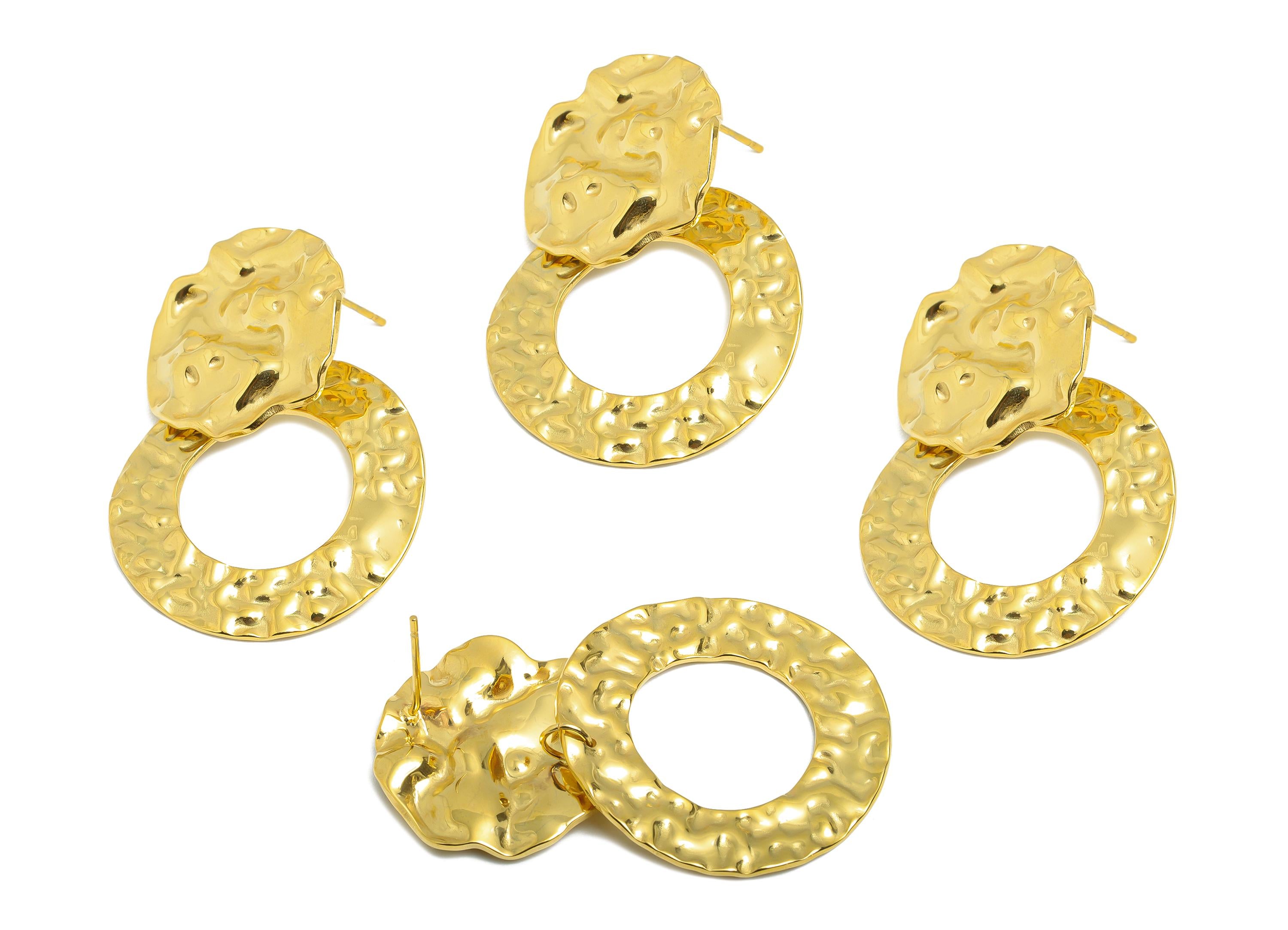 Steel Round Earring Stud - Modern Hammered Geometric Earrings - Textured Gold Statement Earring - Vacuum Gold Plating - 47.5x31x1mm - SS2411 - DOMEDBAZAAR