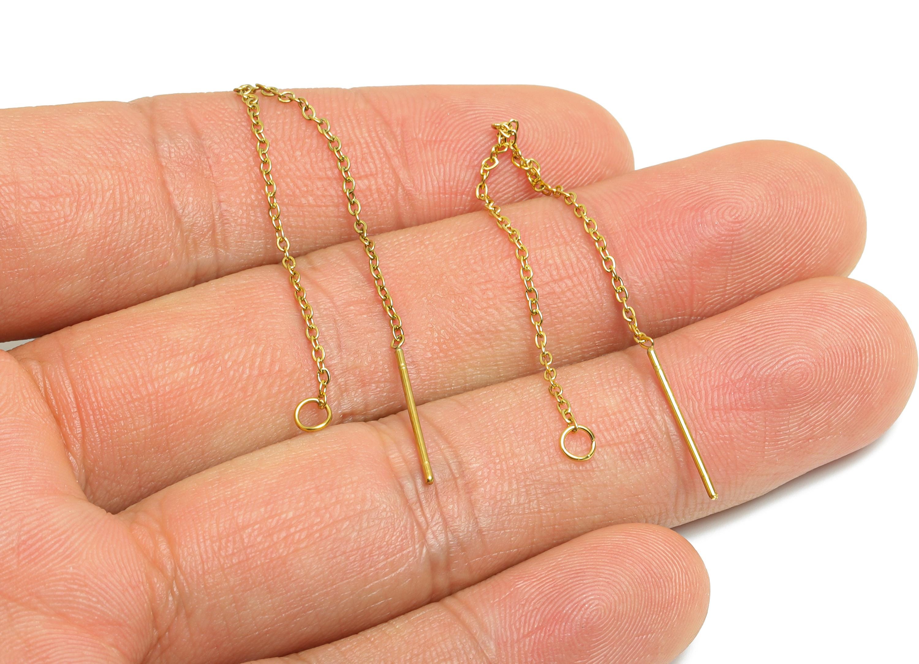 7cm Steel Dangle Chain Earring Post - Flat Cable Chain Earring Stud - Threader Earrings With Loop - 18k Real Vacuum Plating - SS2133G - DOMEDBAZAAR