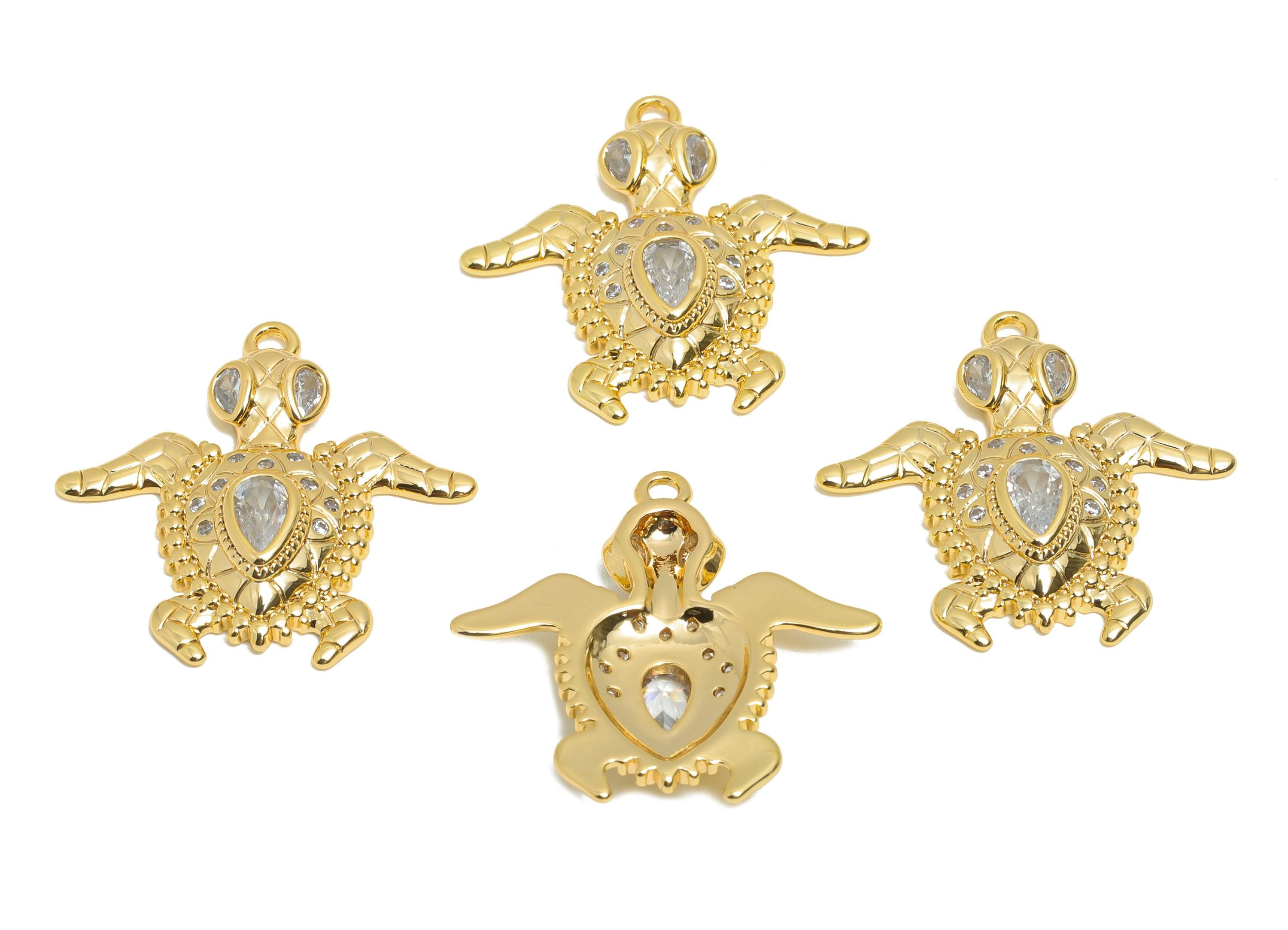 Brass Gold Turtle Pendant - Cubic Zircon Marine Life Charms - Sparkling Necklace Charm - 18K Real Gold Plating - 21.8x21.7x3.3mm - RGP10964 - DOMEDBAZAAR