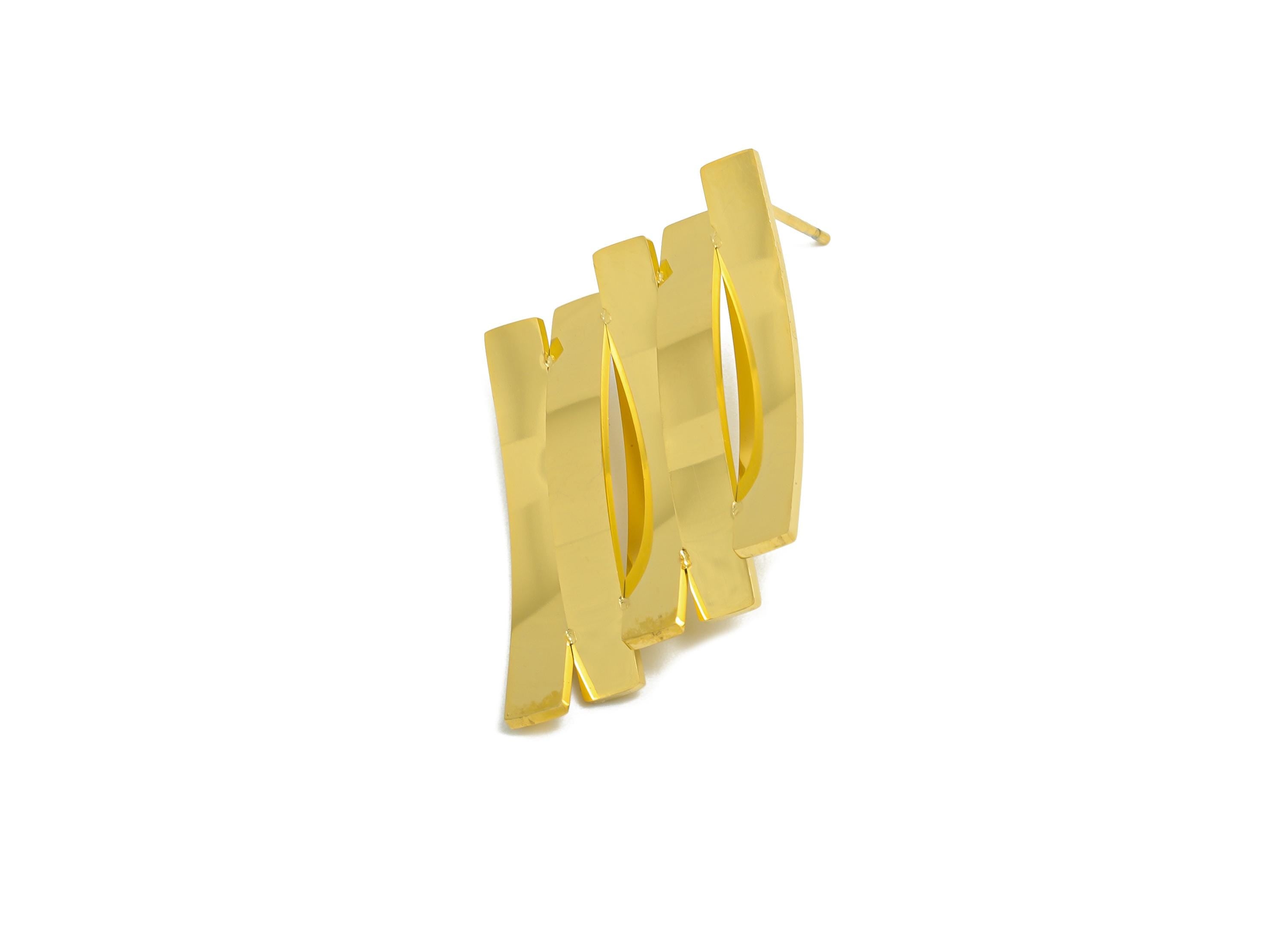 Steel Geometric Earring Stud - High Fashion Gold Earrings Post - Bold Statement Metal Post - Vacuum Gold Plating - 43x19.9x2.95mm - SS2421 - DOMEDBAZAAR