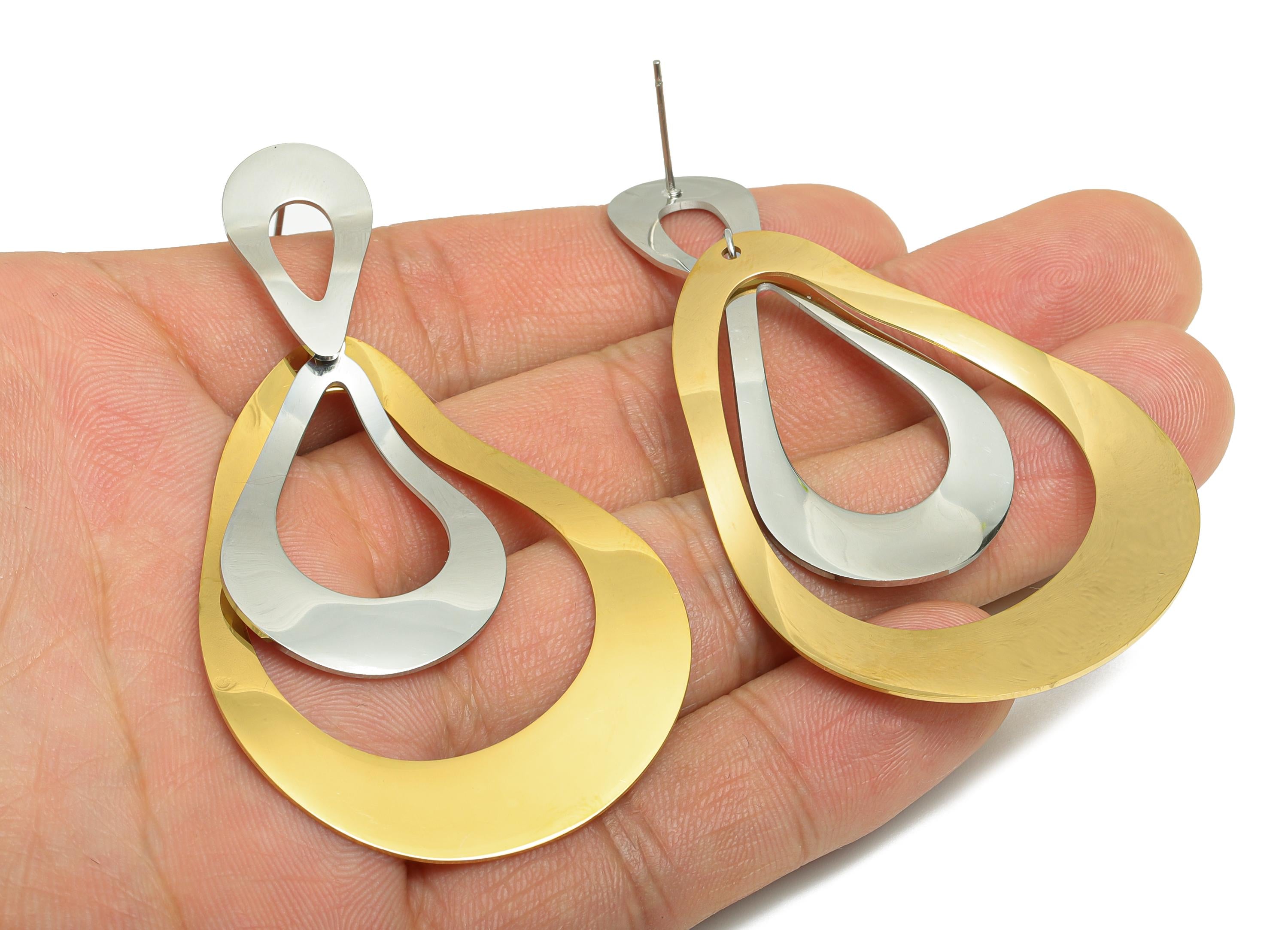Stainless Steel Drop Earring Stud - Abstract Geometric Earring Stud - Bold Dangle Earring Post - Vacuum Gold Plating - 72x39x0.85mm - SS2417 - DOMEDBAZAAR
