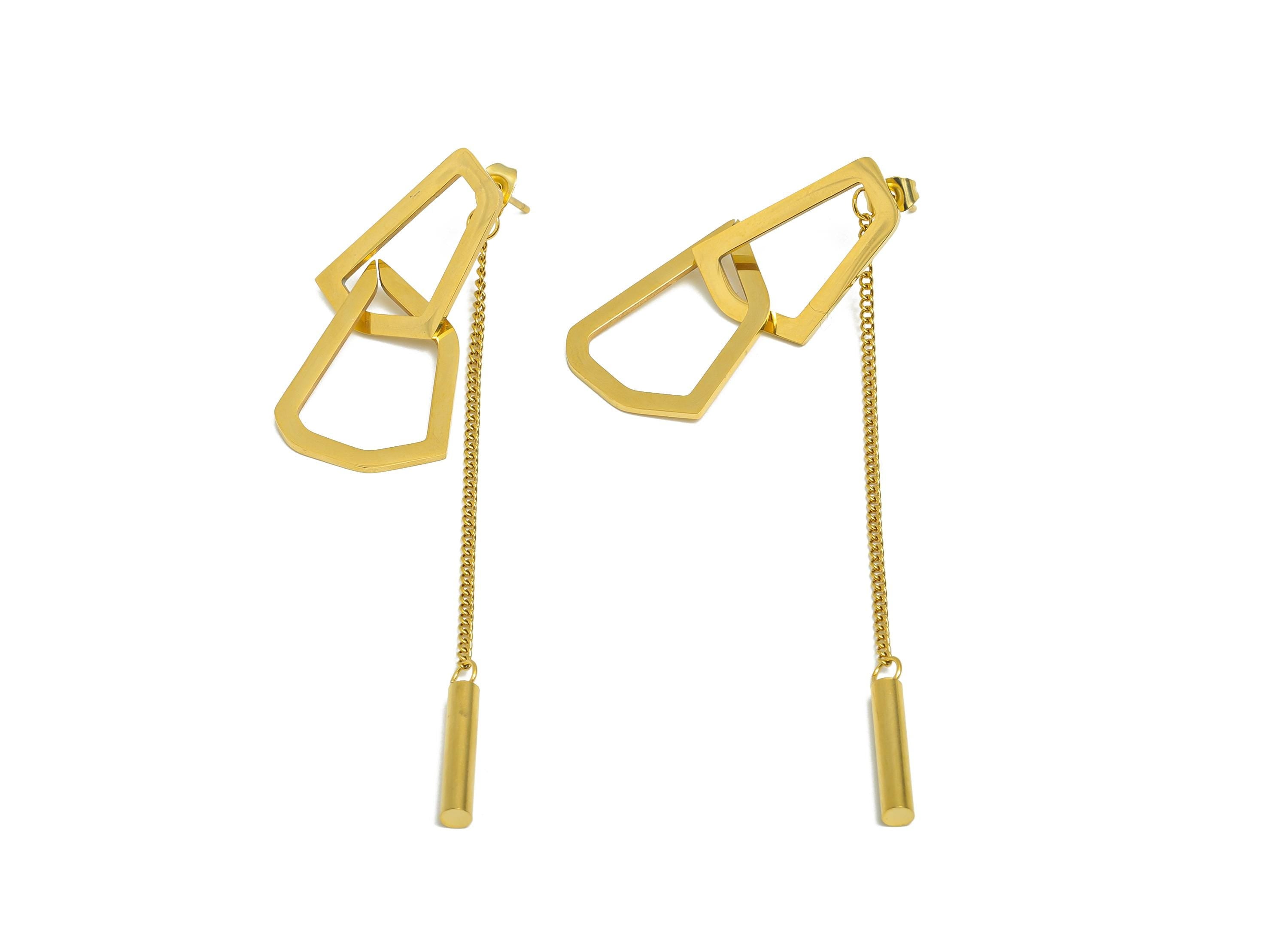 Steel Geometric Dangle Earring Stud - Chic Chain Earrings Stud - Elegant Modern Dangle Earring - Vacuum Gold Plating - 77x25x2.98mm - SS2416 - DOMEDBAZAAR