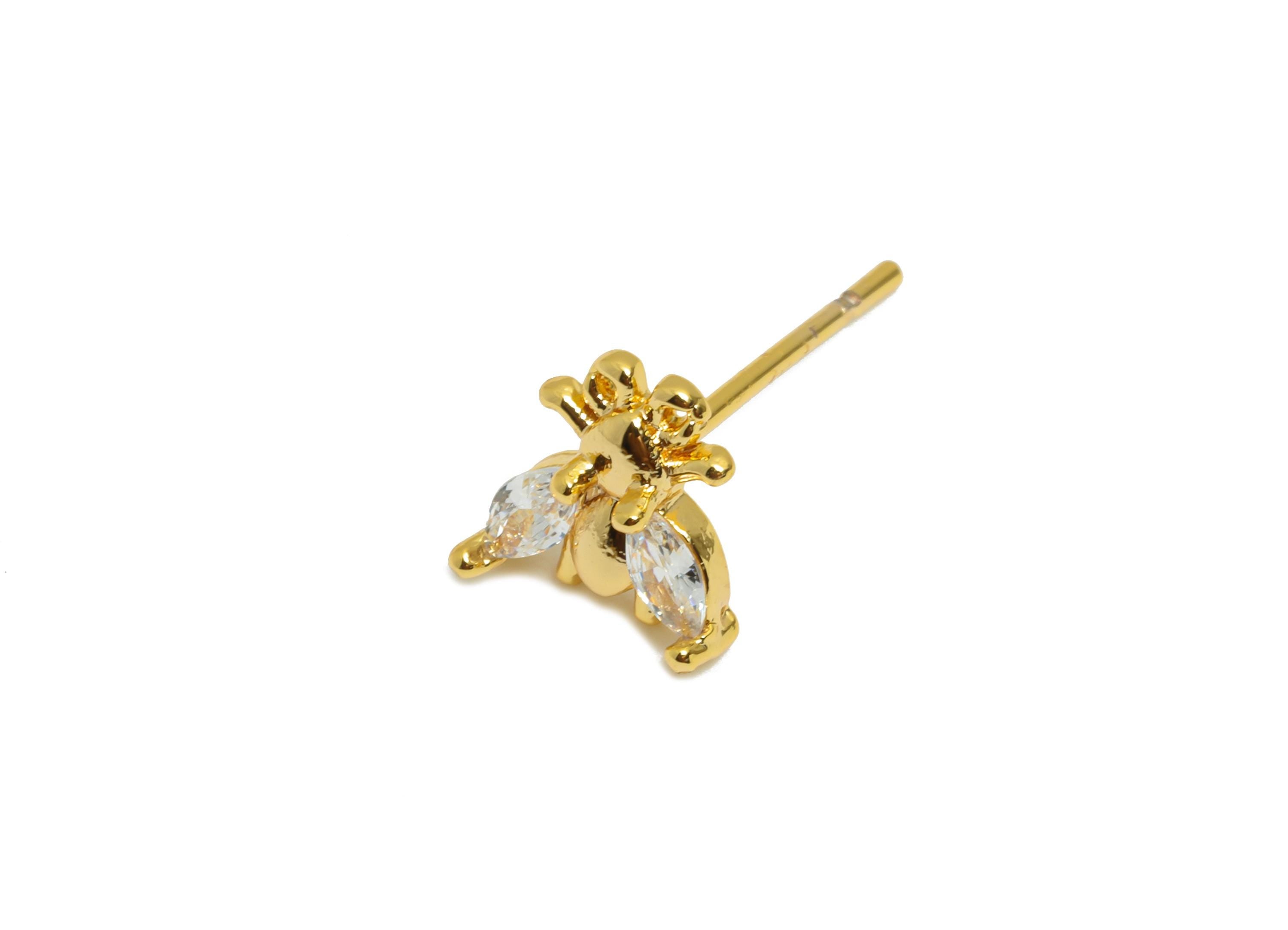 Brass Bee CZ Stud Earring - Gold Dainty Insect Earring Post - Sparkling Marquise Zircon Jewelry - 18K Real Gold Plated - 7x7x2.5mm -RGP10956 - DOMEDBAZAAR