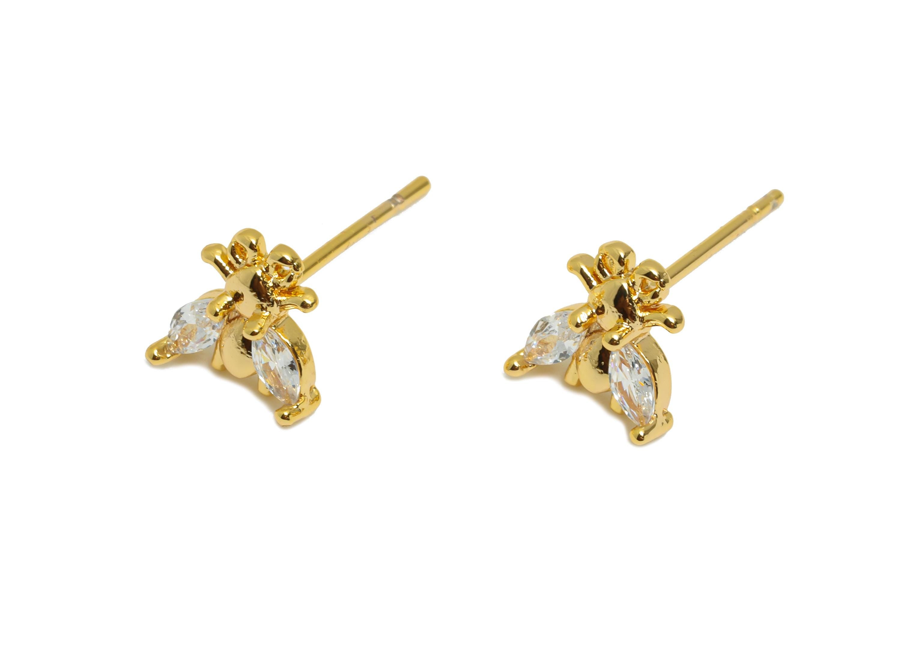 Brass Bee CZ Stud Earring - Gold Dainty Insect Earring Post - Sparkling Marquise Zircon Jewelry - 18K Real Gold Plated - 7x7x2.5mm -RGP10956 - DOMEDBAZAAR