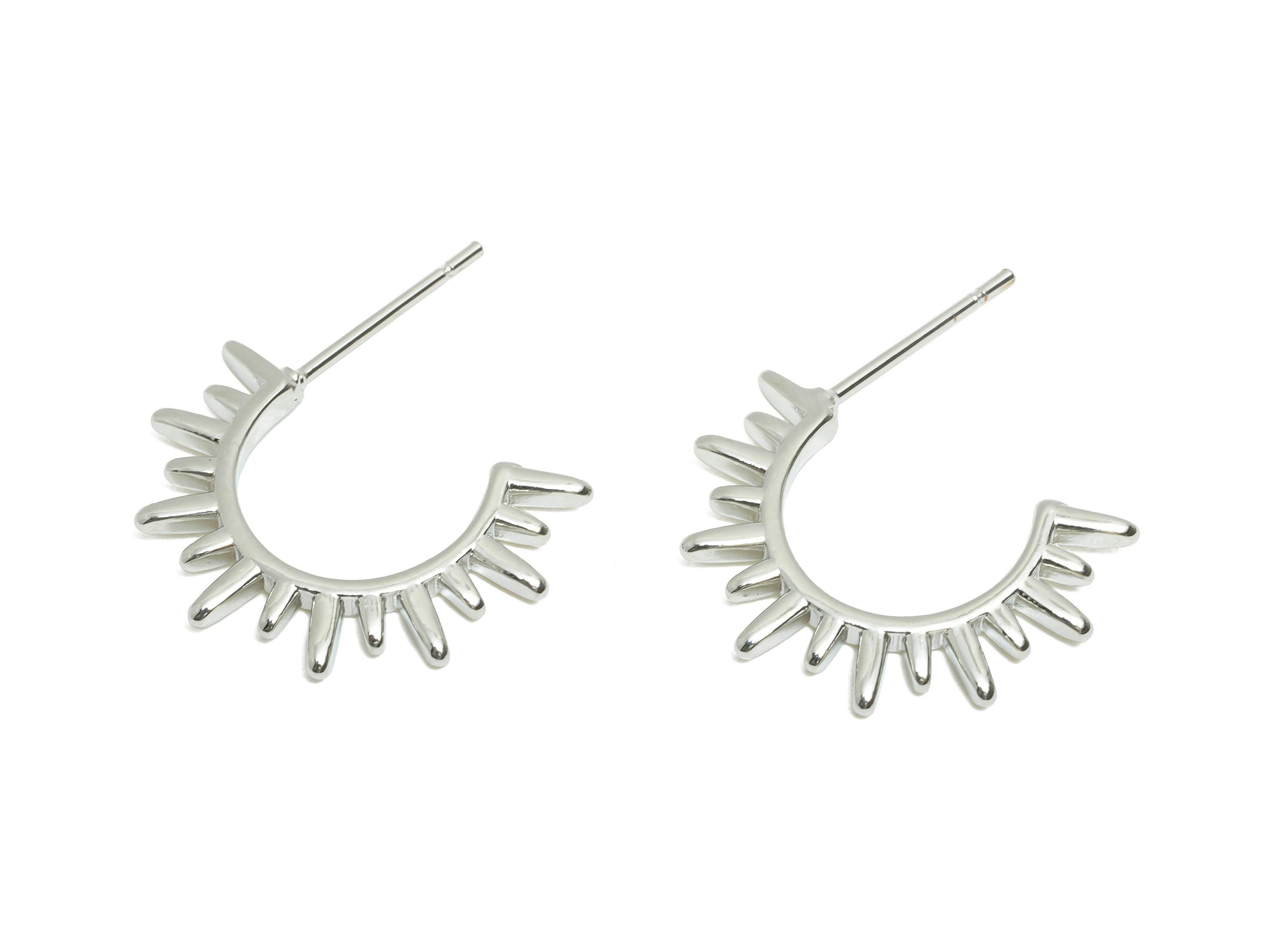 Brass Sunburst Earring Post - Shine Open Hoop Stud Earring - Modern Punk Hoop - 18K Real White Gold Plating - 19.6x13.7x1.6mm - RGP10428 - DOMEDBAZAAR