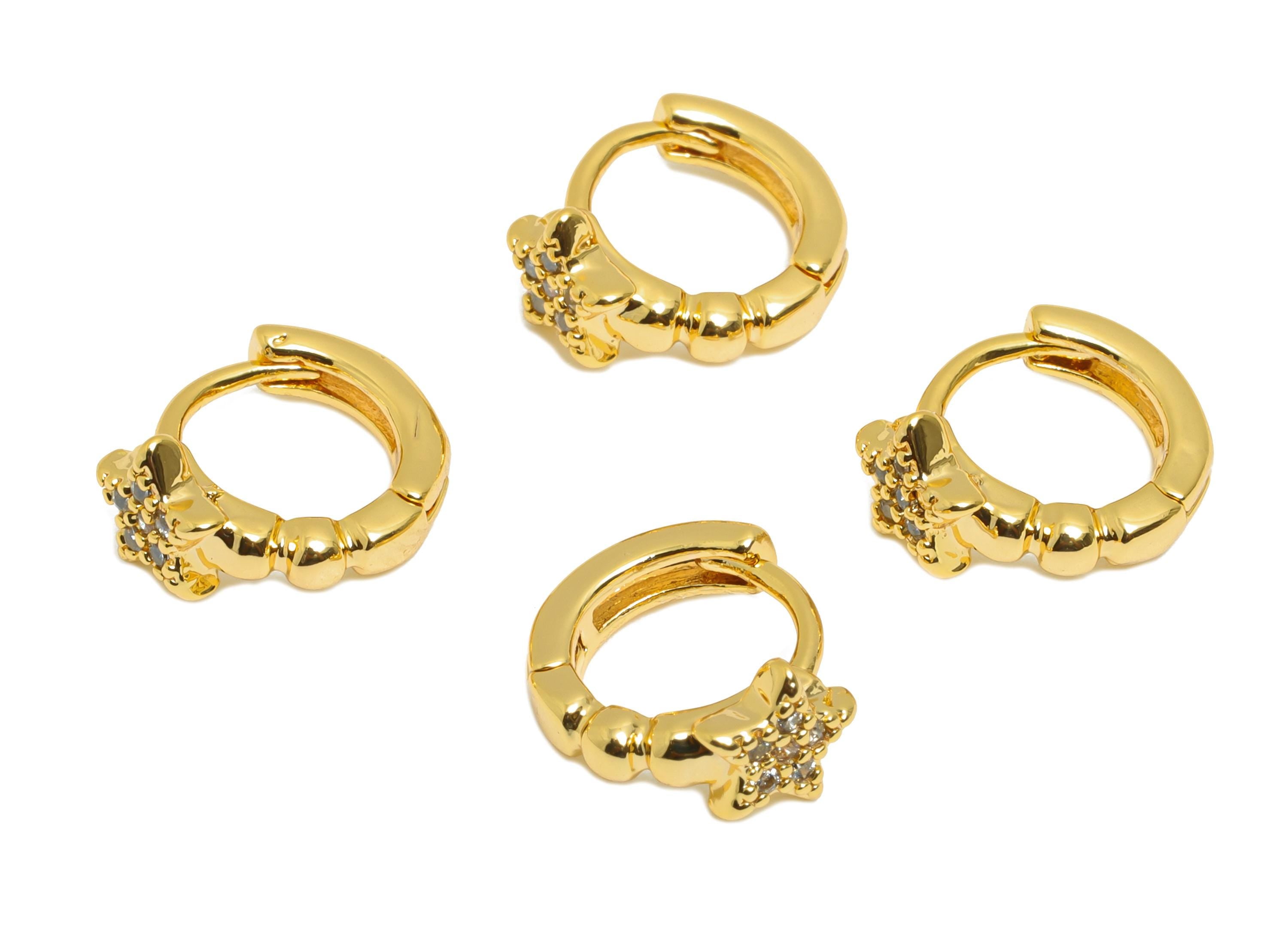 Brass CZ Star Huggie Hoop Earring - Dainty Cubic Zircon Earrings - Classic Everyday Wear - 18K Real Gold Plated - 10x9x5mm - RGP10874 - DOMEDBAZAAR