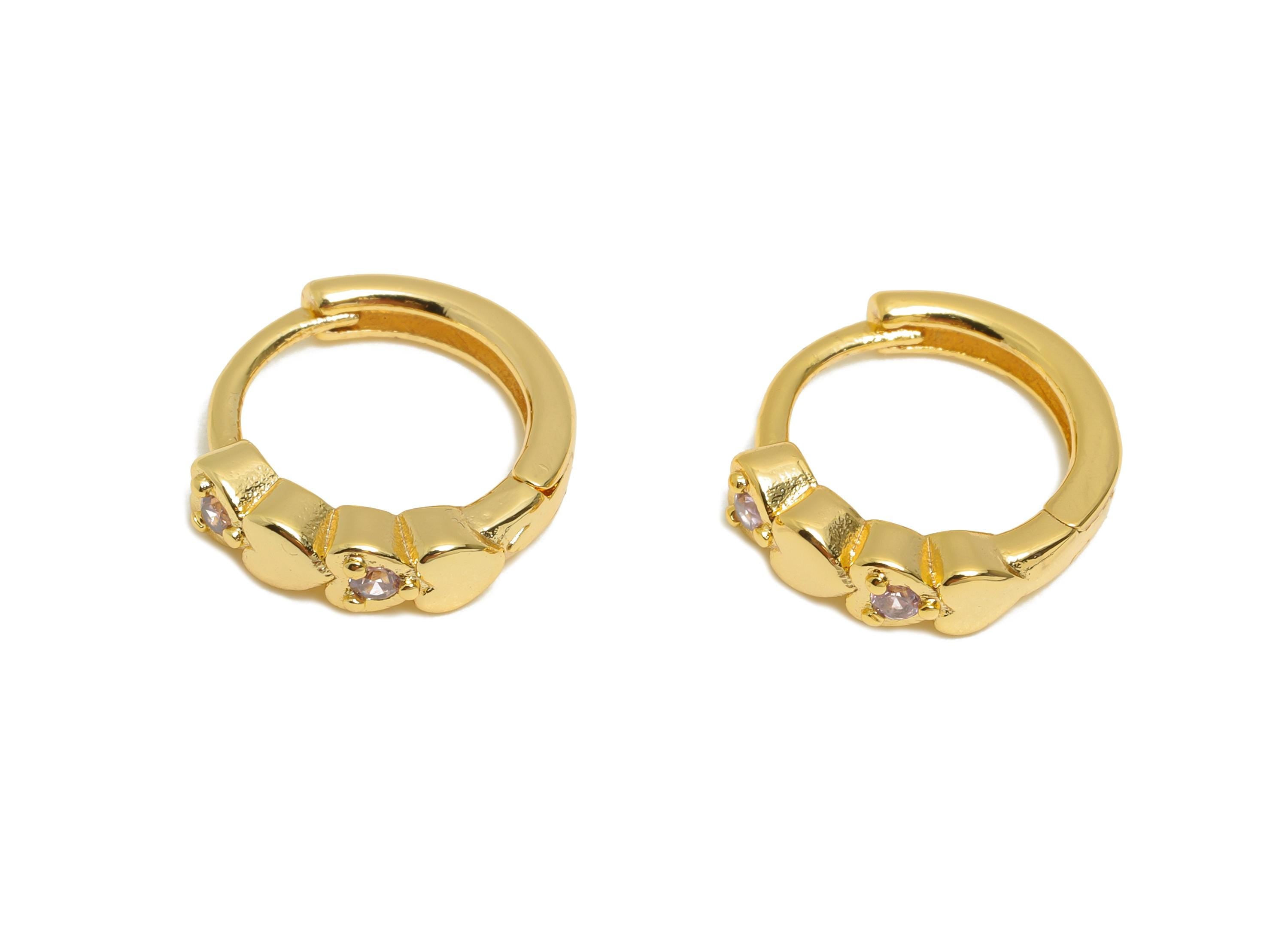 Brass CZ Heart Huggie Hoop Earring - Mini Brass Heart Bead Zircon Earring - Simple Hoop Clasp - 18K Real Gold Plated - 13x12x3.4mm -RGP10903 - DOMEDBAZAAR