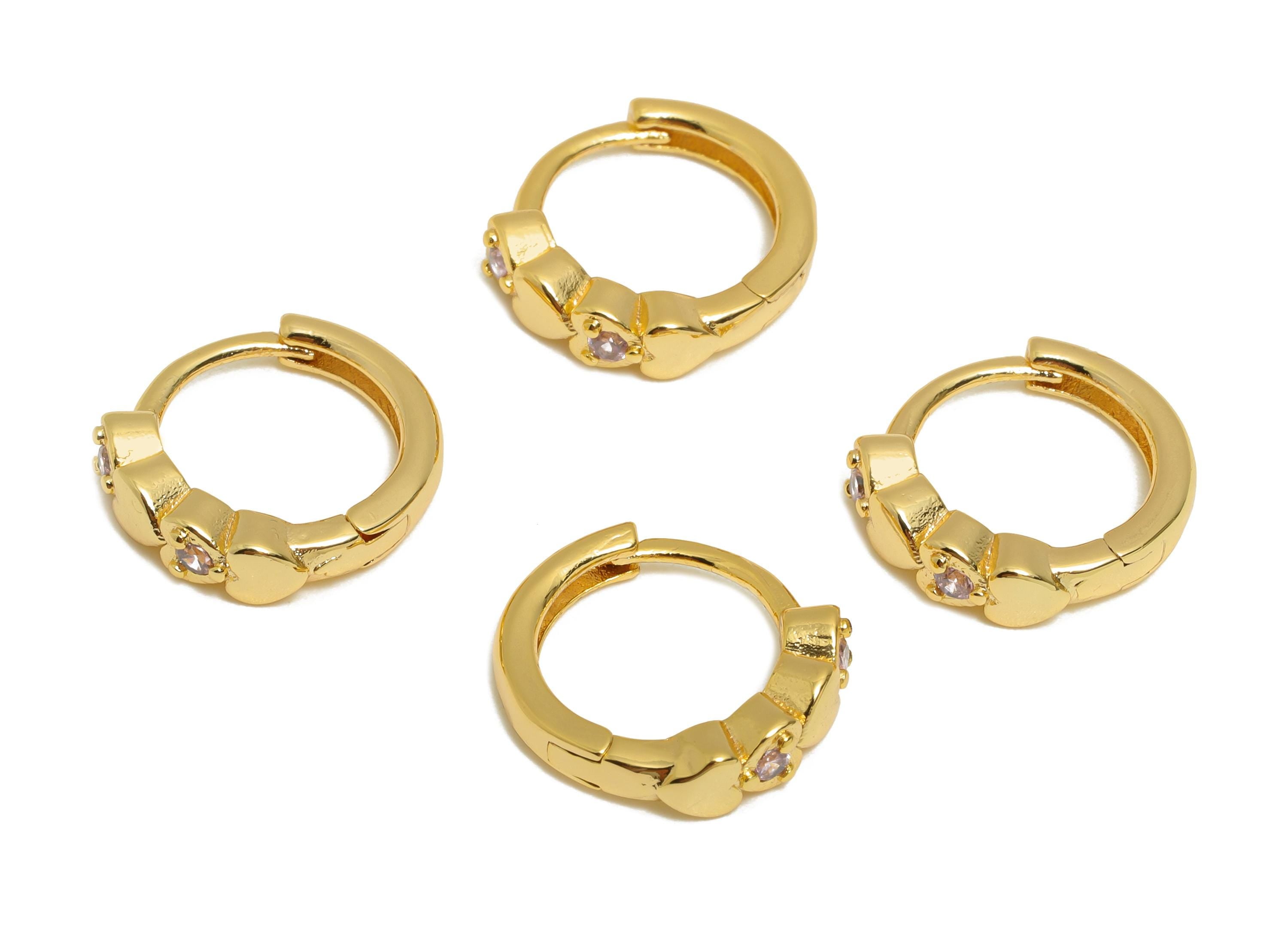 Brass CZ Heart Huggie Hoop Earring - Mini Brass Heart Bead Zircon Earring - Simple Hoop Clasp - 18K Real Gold Plated - 13x12x3.4mm -RGP10903 - DOMEDBAZAAR