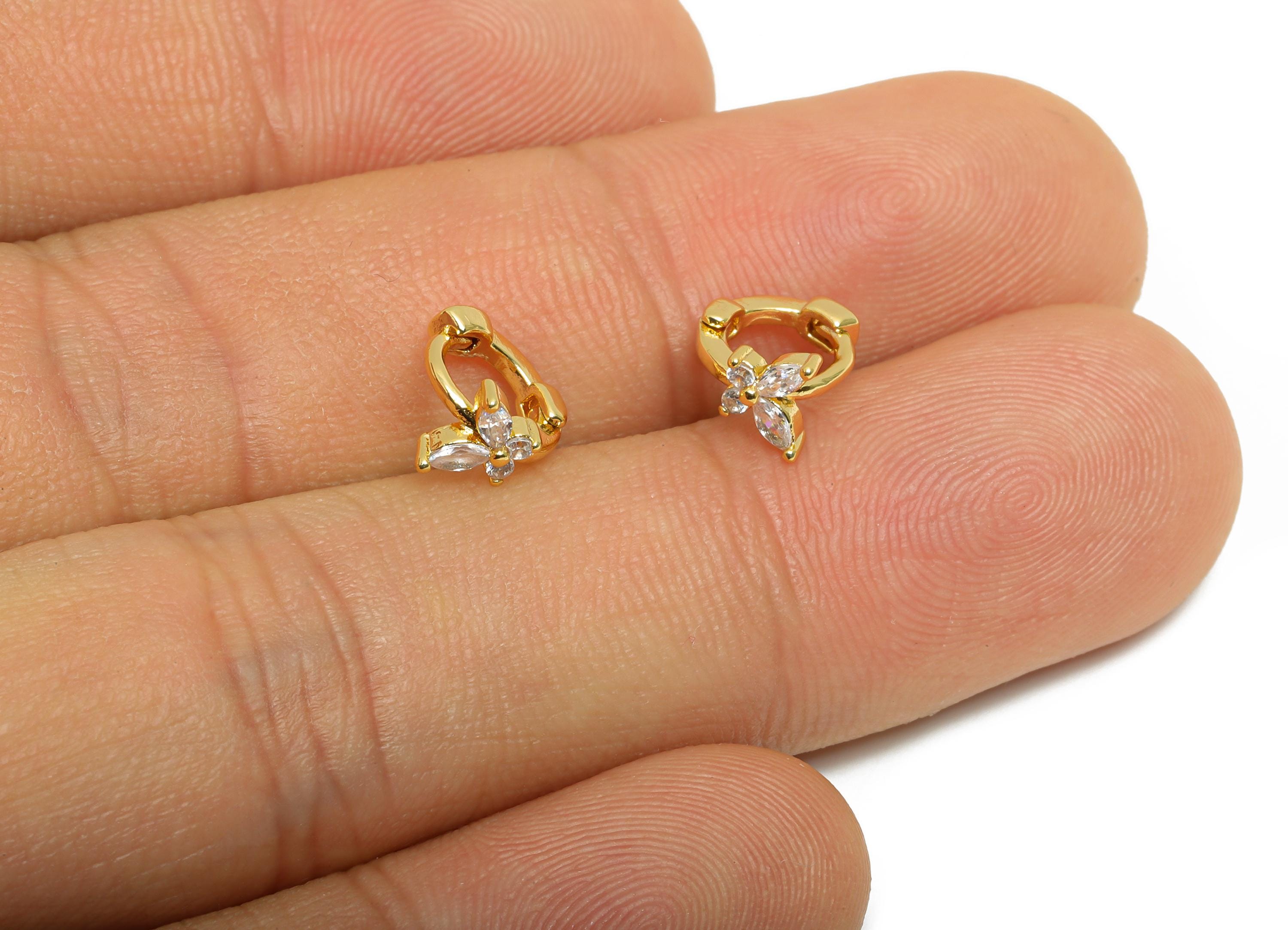 Brass CZ Huggie Hoop Earring - Tiny Brass Butterfly Zircon Earring - Refined Huggie Hoop Clasp - 18K Real Gold Plated - 9x7.7x5mm - RGP10936 - DOMEDBAZAAR