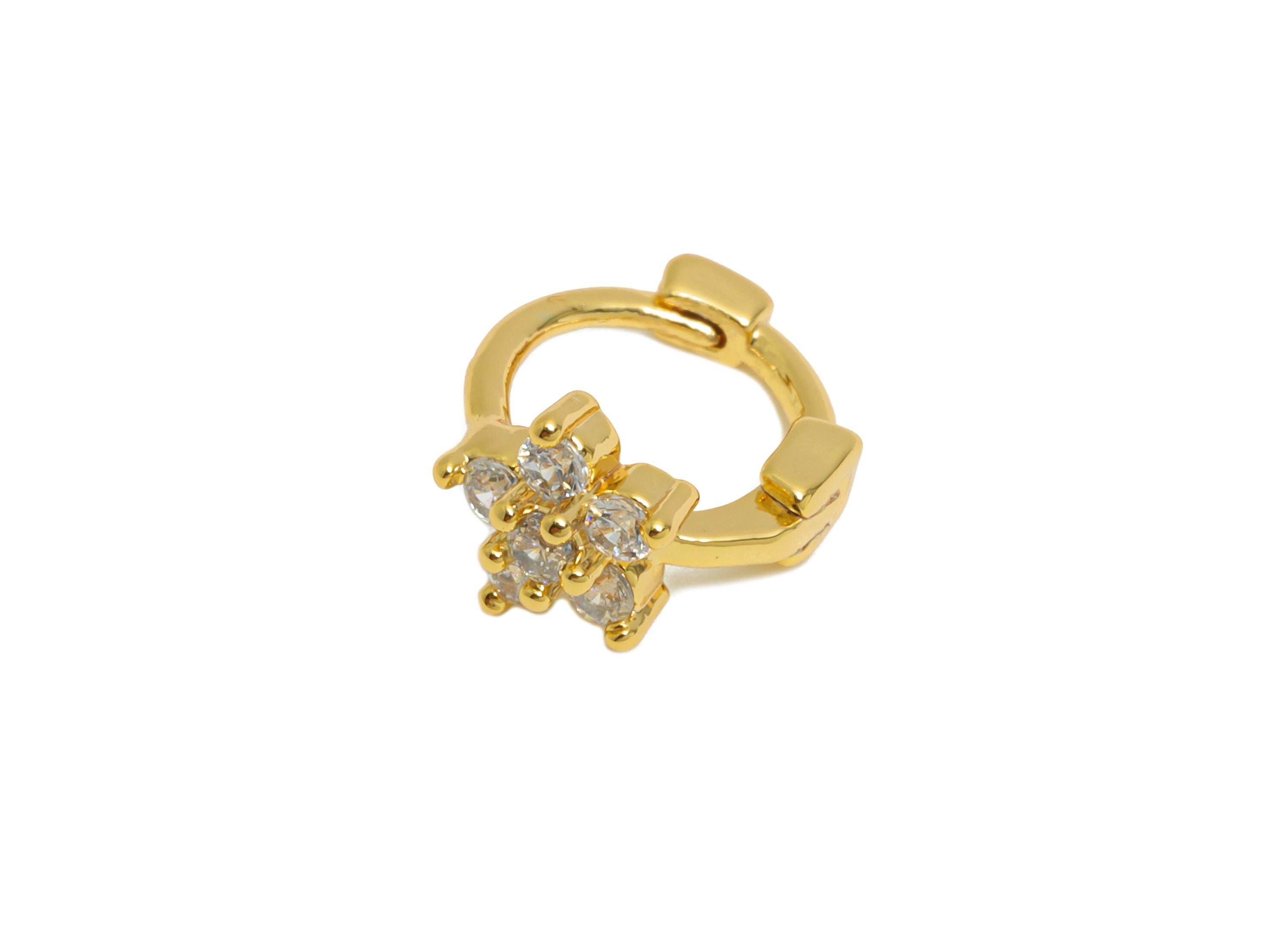 Brass CZ Floral Huggie Hoop Earring - Refined Flower Zircon Earring - Everyday Wear - 18K Real Gold Plated - 9.62x8x5.16mm - RGP10860 - DOMEDBAZAAR