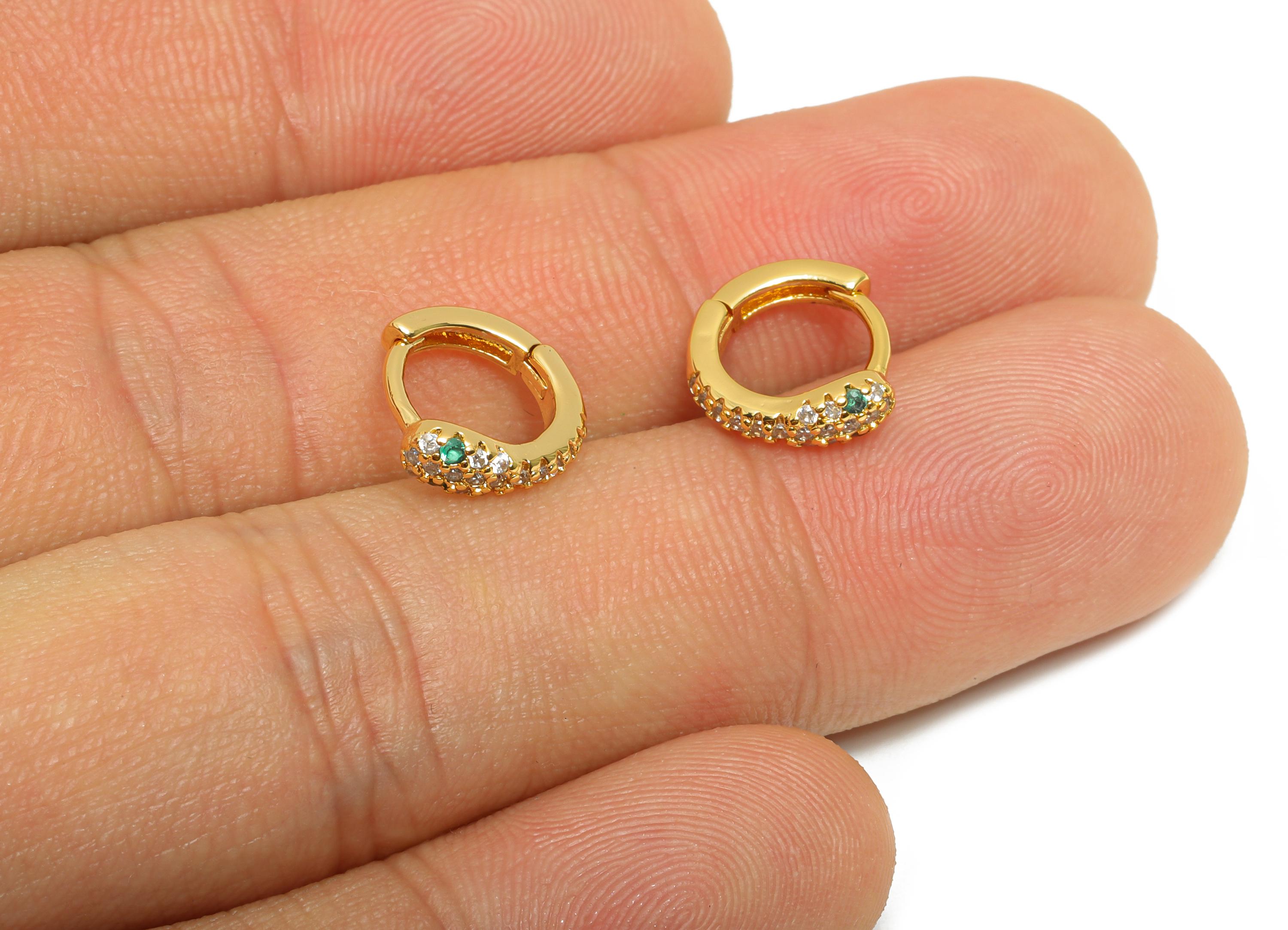 Brass CZ Snake Huggie Hoop Earring - Brass Green Zircon Hoop Earring - Dainty Huggie Hoop Clasp - 18K Real Gold Plated - 10x9x3mm - RGP10863 - DOMEDBAZAAR