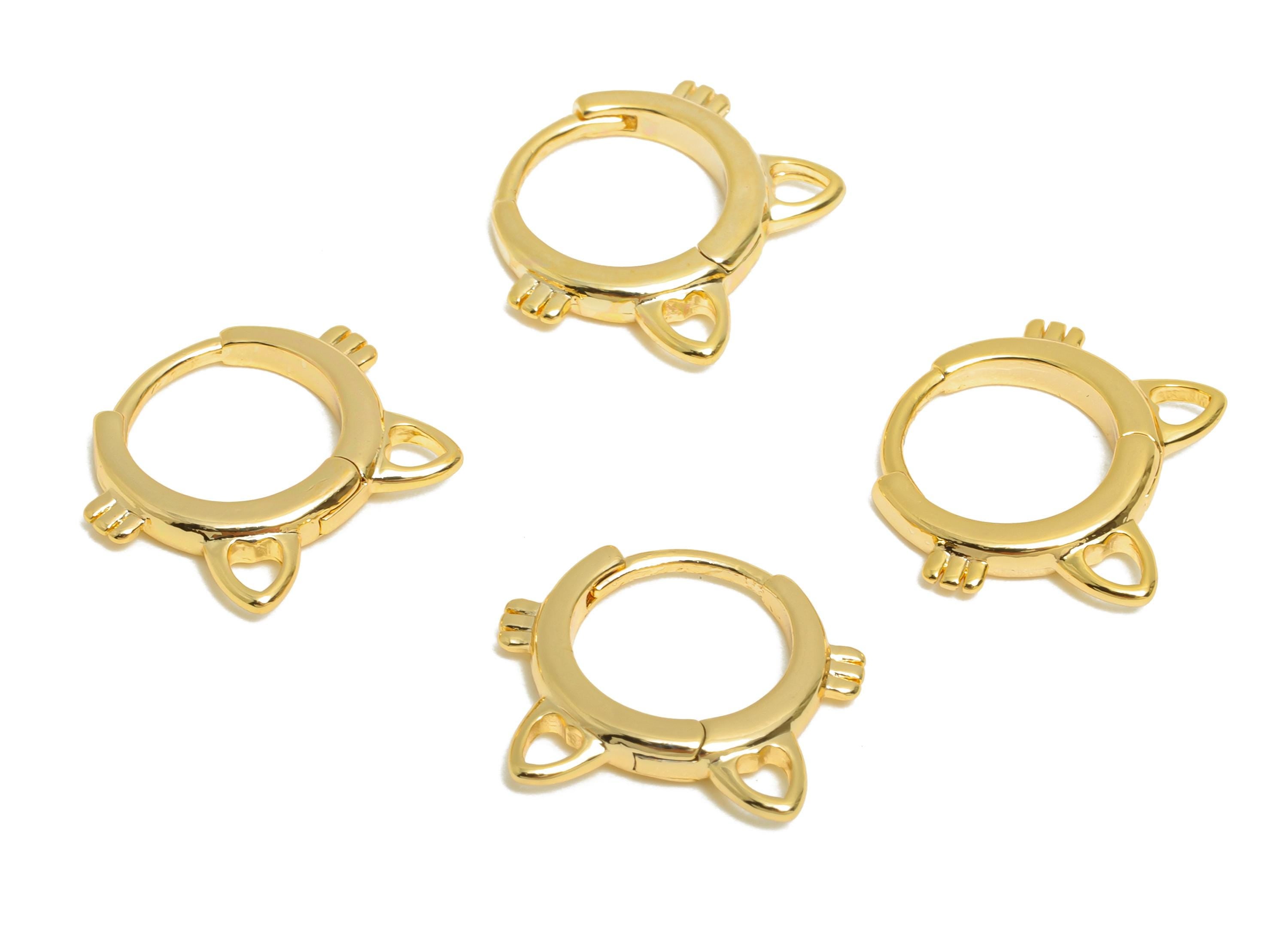 Brass Cat Huggie Hoop Earring - Brass Cat Face Earring - Kawaii Animal Huggie Hoop Clasp - 18K Real Gold Plated - 13.9x12x2.27mm - RGP10872 - DOMEDBAZAAR