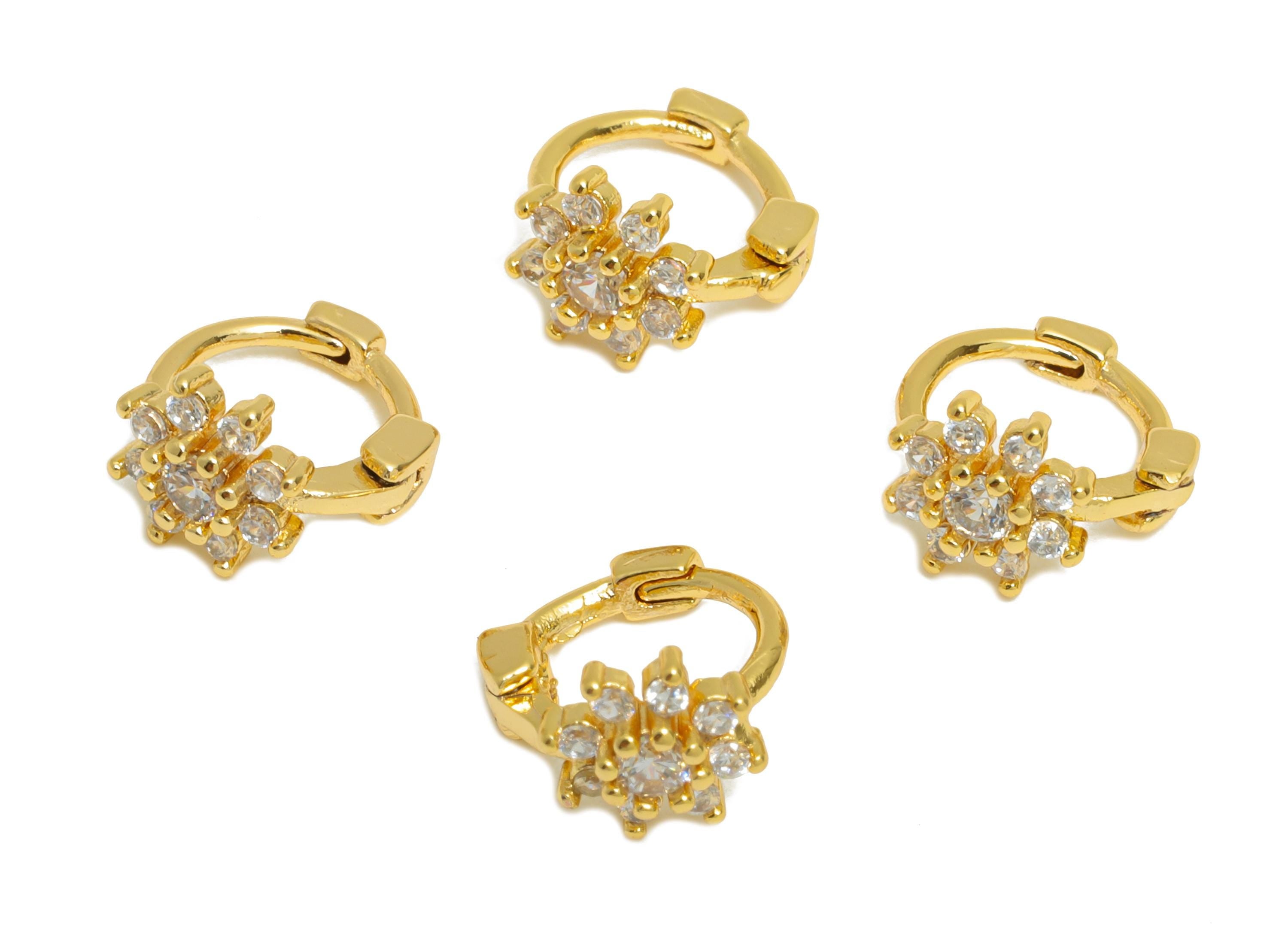 Brass CZ Huggie Hoop Earrings - Mini Zircon Earrings - Botanical Floral Huggie Hoop Clasps - 18K Real Gold Plated - 9x8.37x5.58mm - RGP10924 - DOMEDBAZAAR