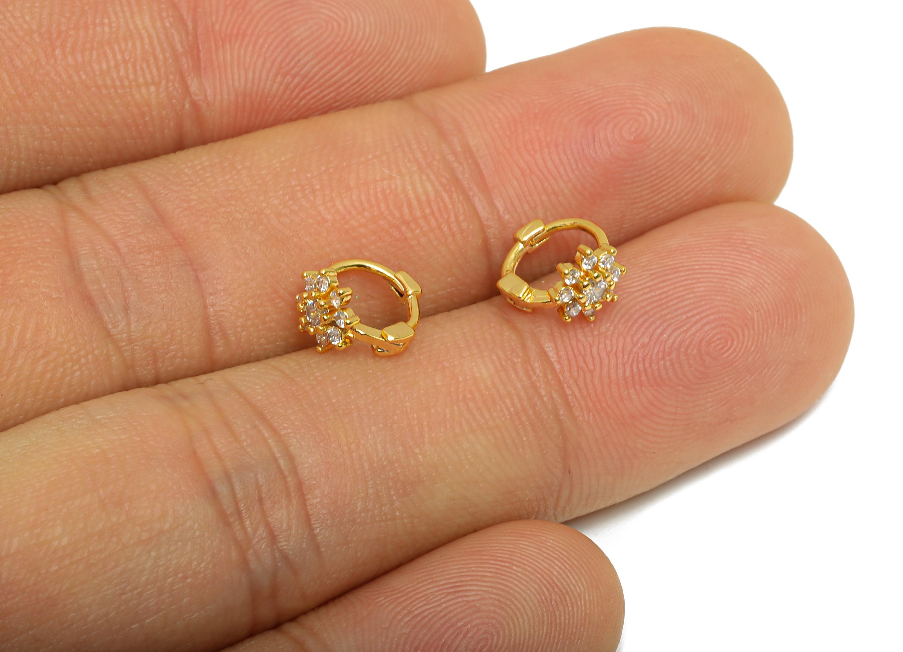 Brass CZ Huggie Hoop Earrings - Mini Zircon Earrings - Botanical Floral Huggie Hoop Clasps - 18K Real Gold Plated - 9x8.37x5.58mm - RGP10924 - DOMEDBAZAAR
