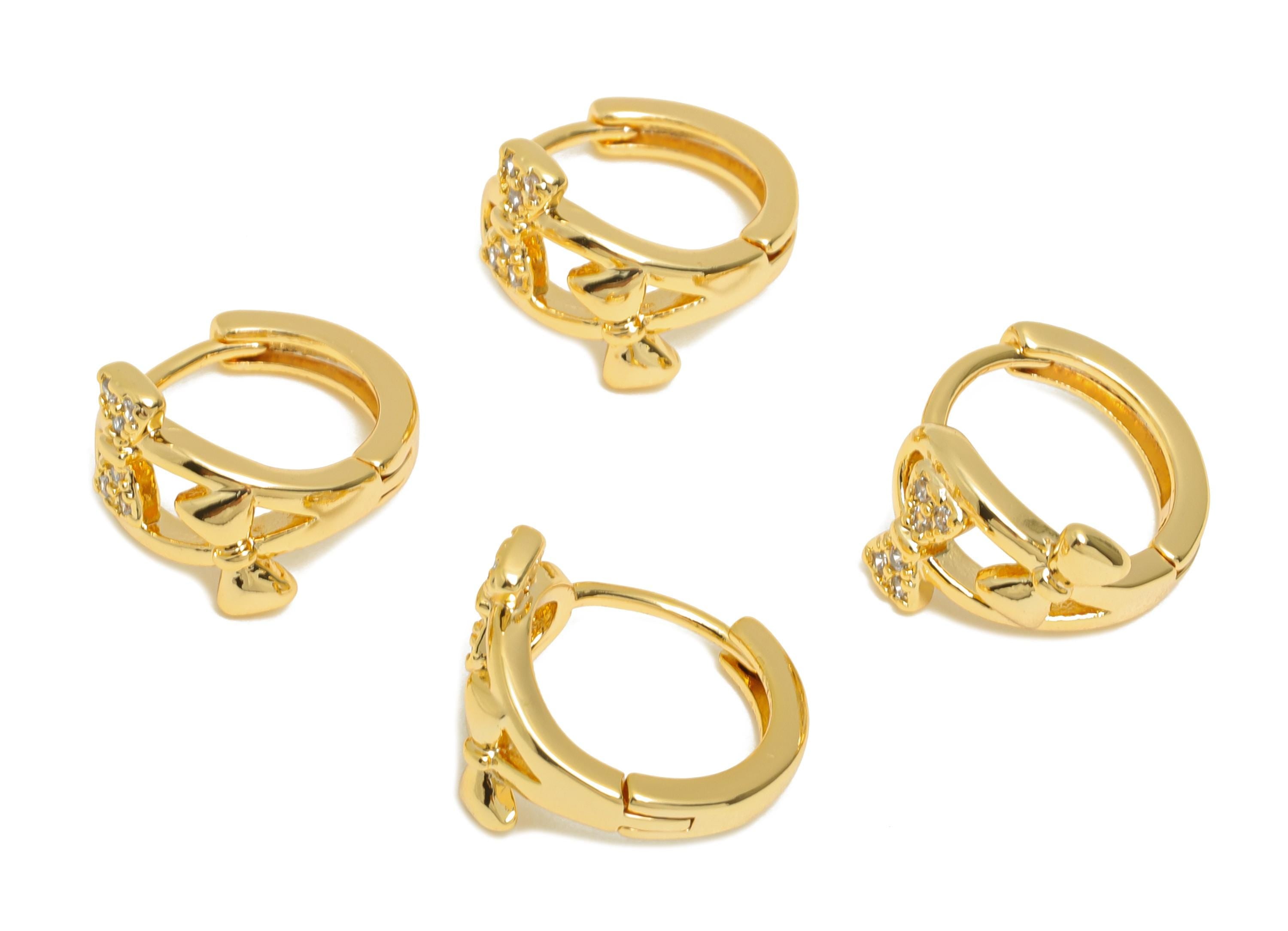 Brass CZ Bow Huggie Hoop Earring - Cute Brass Bow Zircon Earring - Dainty Huggie Hoop Clasp - 18K Real Gold Plated - 13.5x11.8x7mm -RGP10890 - DOMEDBAZAAR