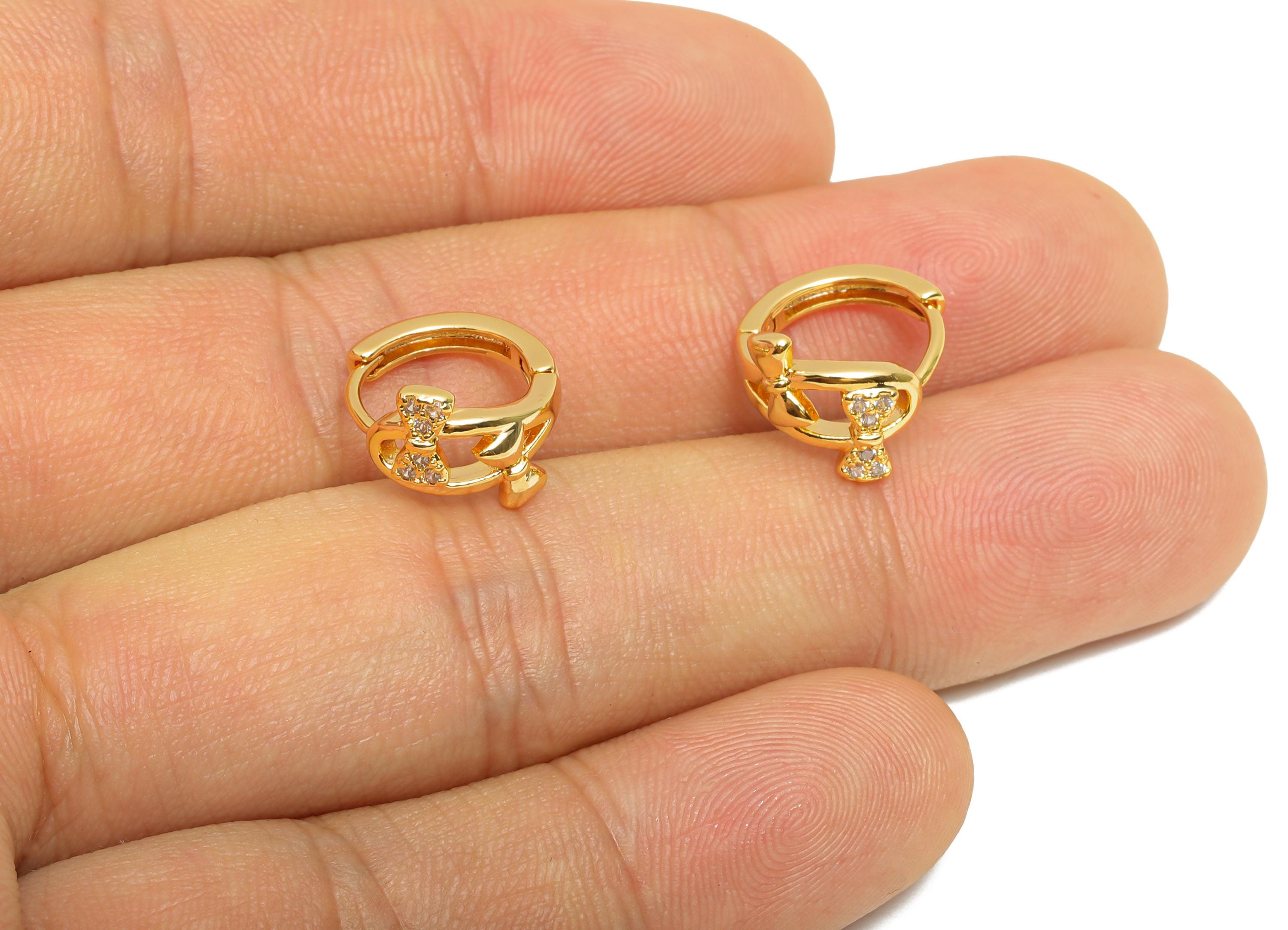Brass CZ Bow Huggie Hoop Earring - Cute Brass Bow Zircon Earring - Dainty Huggie Hoop Clasp - 18K Real Gold Plated - 13.5x11.8x7mm -RGP10890 - DOMEDBAZAAR