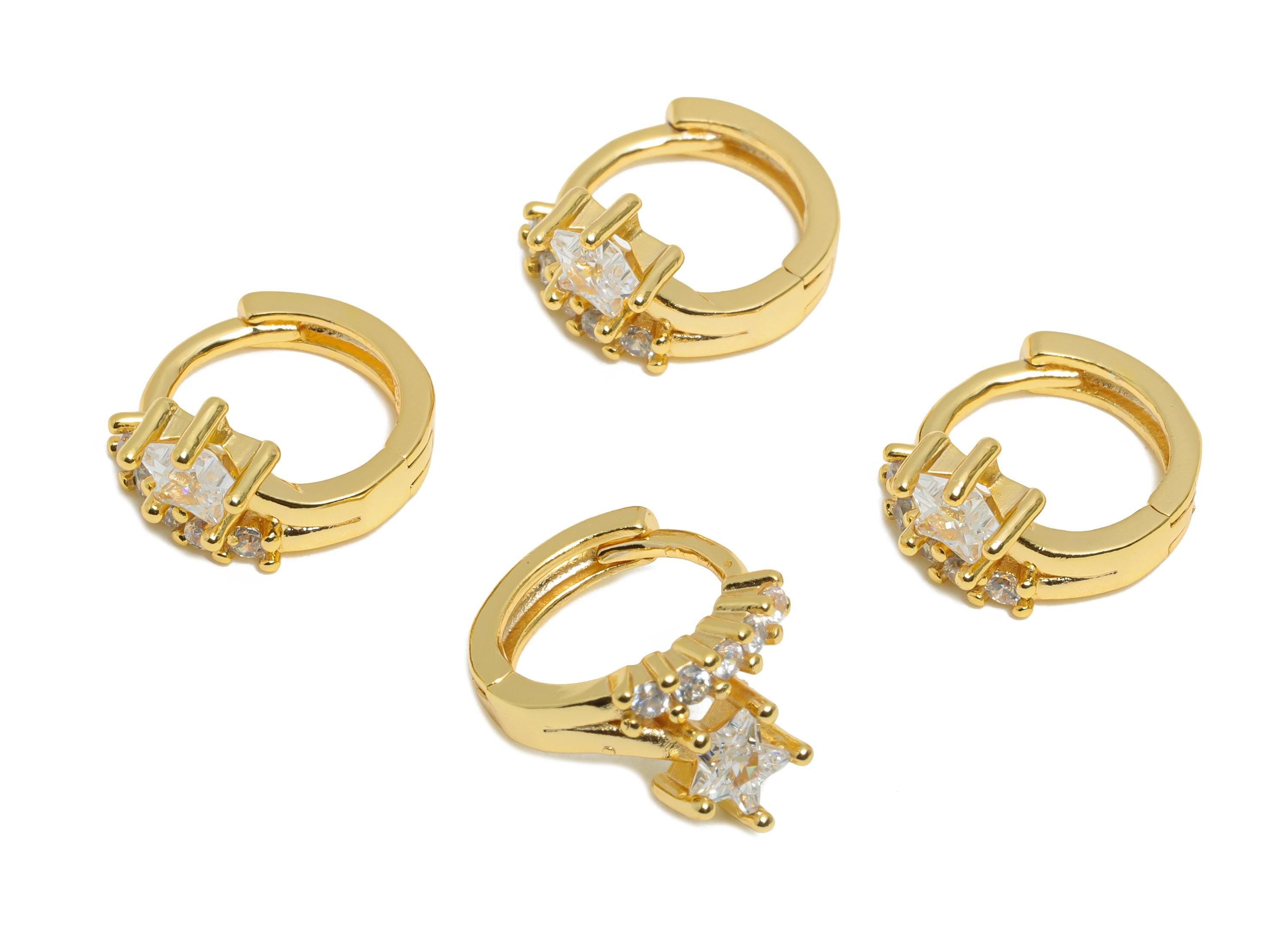 Brass CZ Star Huggie Hoop Earring - Brass Cubic Zircon Hoop Earring - Dainty Huggie Hoop Clasp - 18K Real Gold Plated - 14x11x7mm - RGP10949 - DOMEDBAZAAR