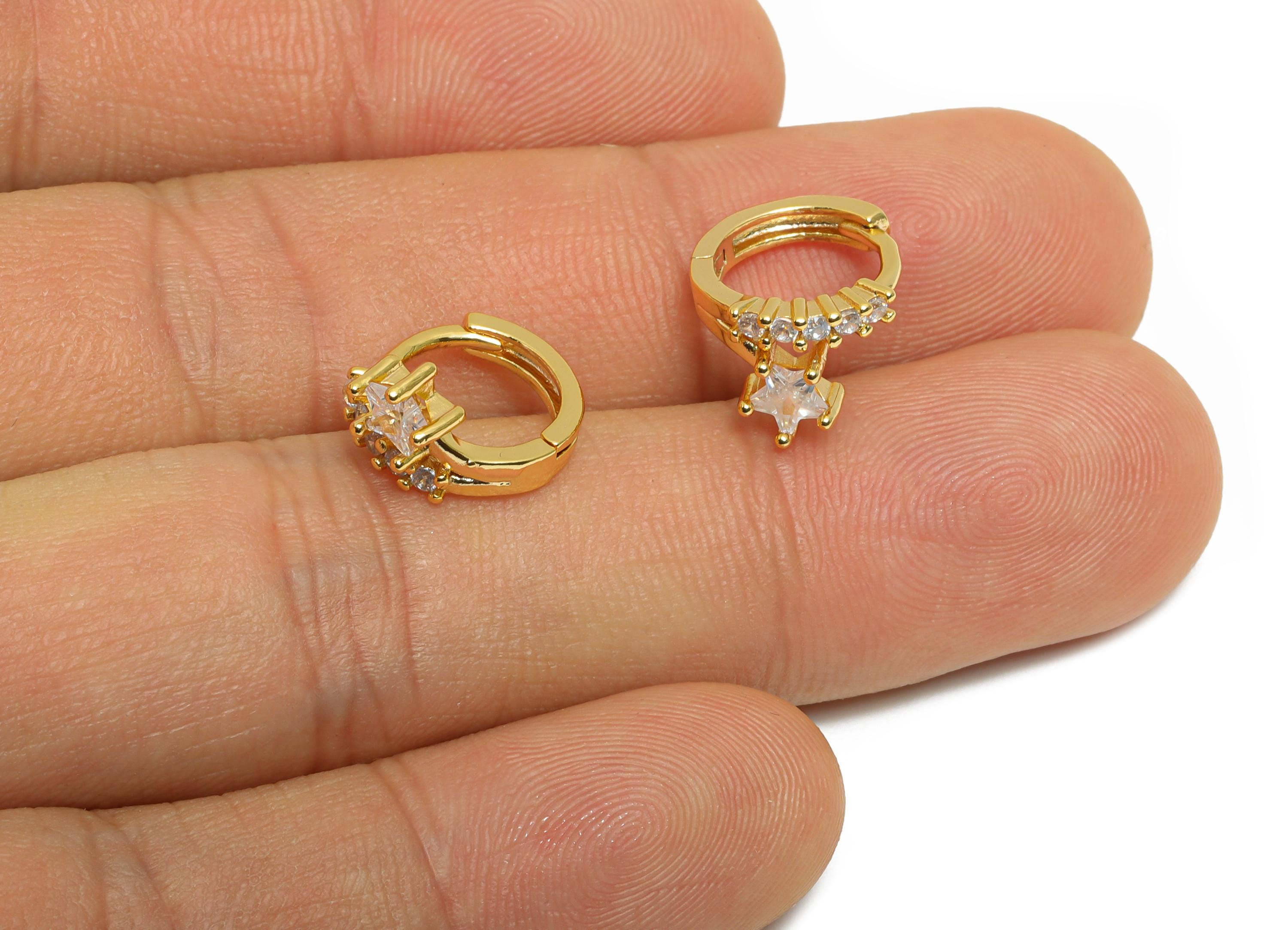 Brass CZ Star Huggie Hoop Earring - Brass Cubic Zircon Hoop Earring - Dainty Huggie Hoop Clasp - 18K Real Gold Plated - 14x11x7mm - RGP10949 - DOMEDBAZAAR