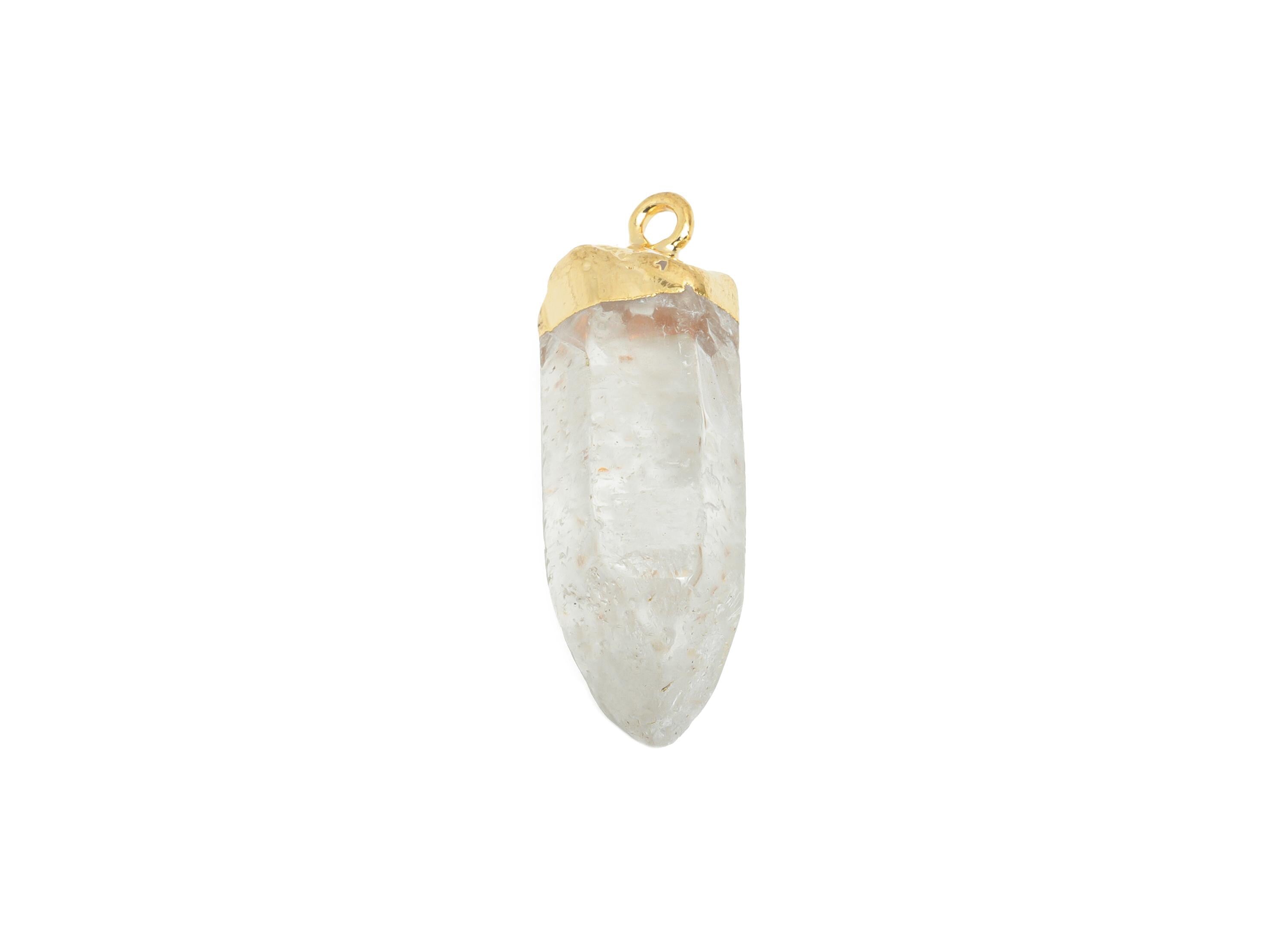 White Crystal Tower Pendant - Raw Gemstone Columnar Charm for Necklace - Healing Stone Jewelry - KC Gold Tone Plated - 34.8x10x10mm - NS3036 - DOMEDBAZAAR
