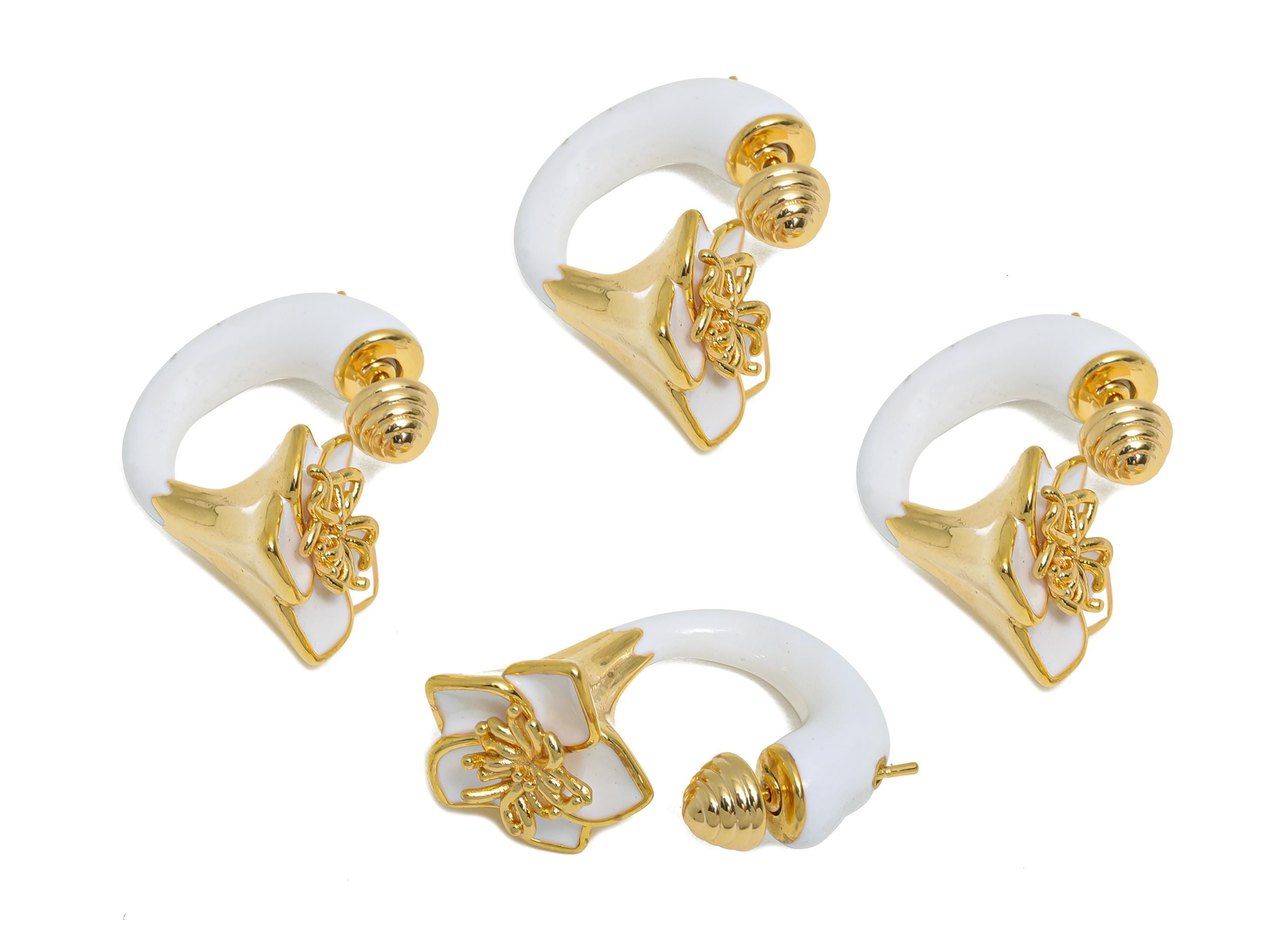 Brass Enamel Flower Earring Set - White Enamel Flower Earring Stud - Chunky Floral Hoop Post - 18K Real Gold Plated - 30x19x15mm - RGP10968C - DOMEDBAZAAR