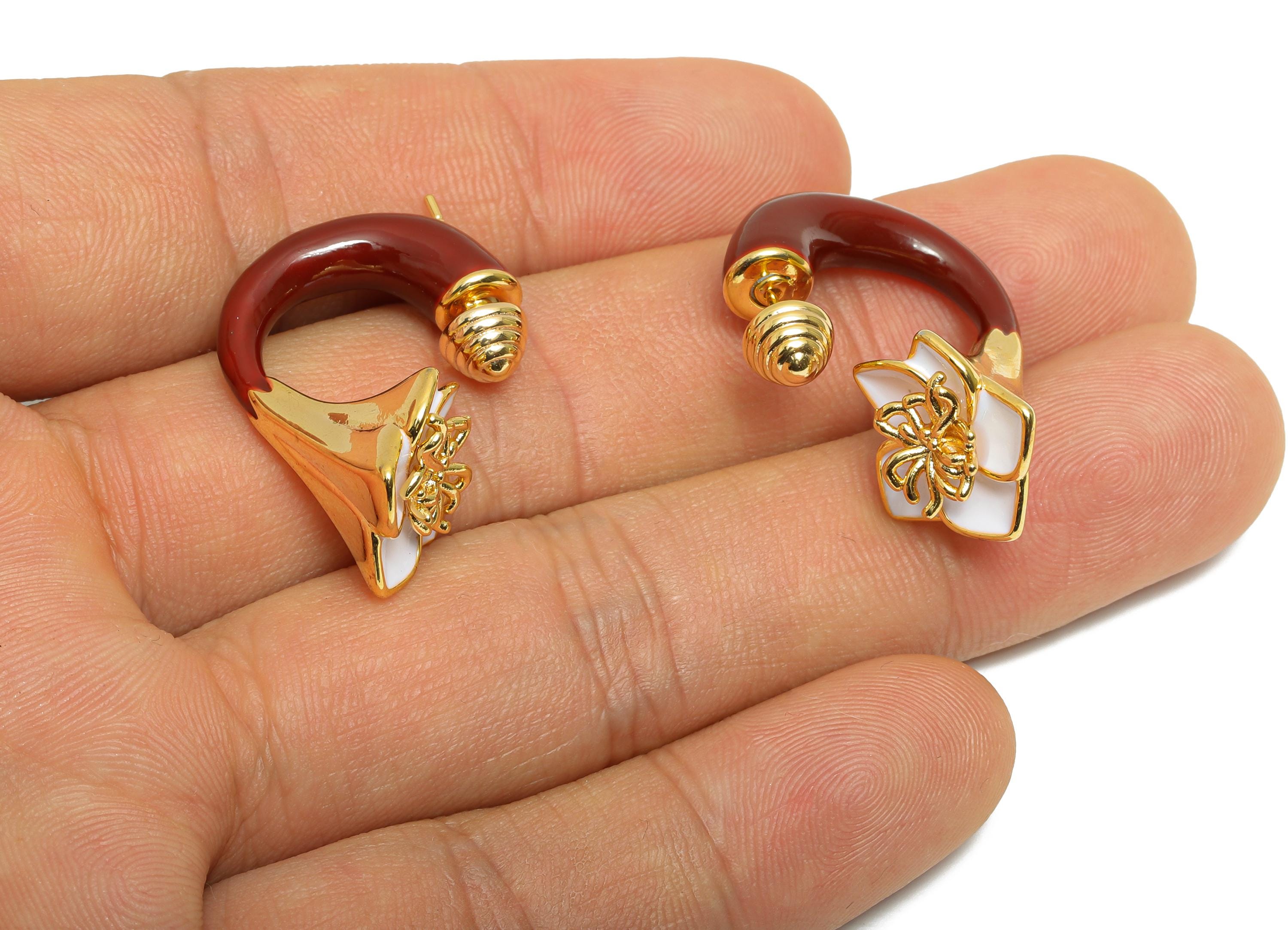 Brass Enamel Flower Earring Set - Red Enamel Flower Earring Stud - Chunky Floral Hoop Post - 18K Real Gold Plated - 30x19x15mm - RGP10968D