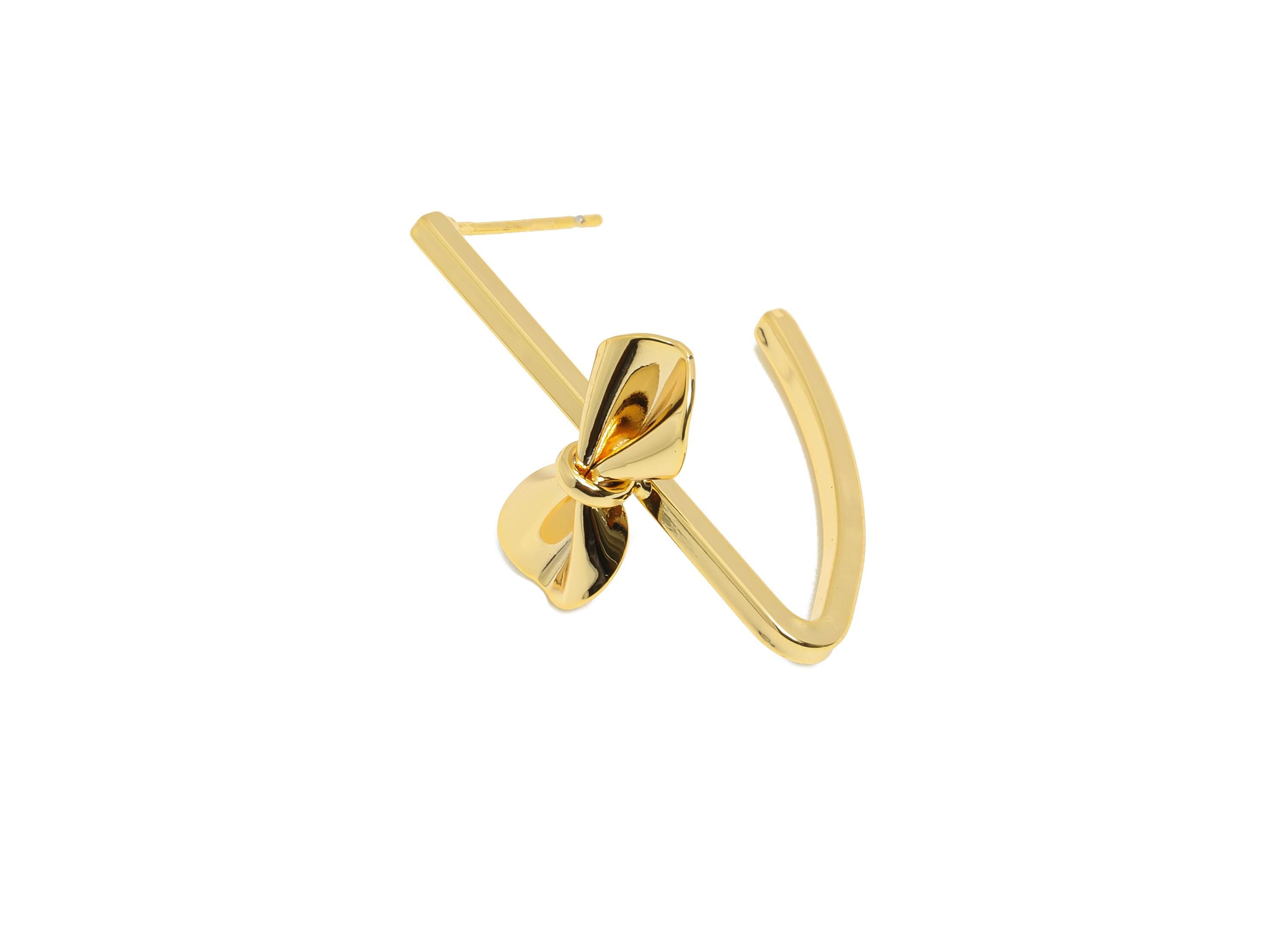 Brass Bow Hoop Earring Post - Brass Modern Bow Earring Stud - Butterfly Bow Hoop Earring Stud - 18K Real Gold Plating - 30x16x18mm- RGP10800 - DOMEDBAZAAR