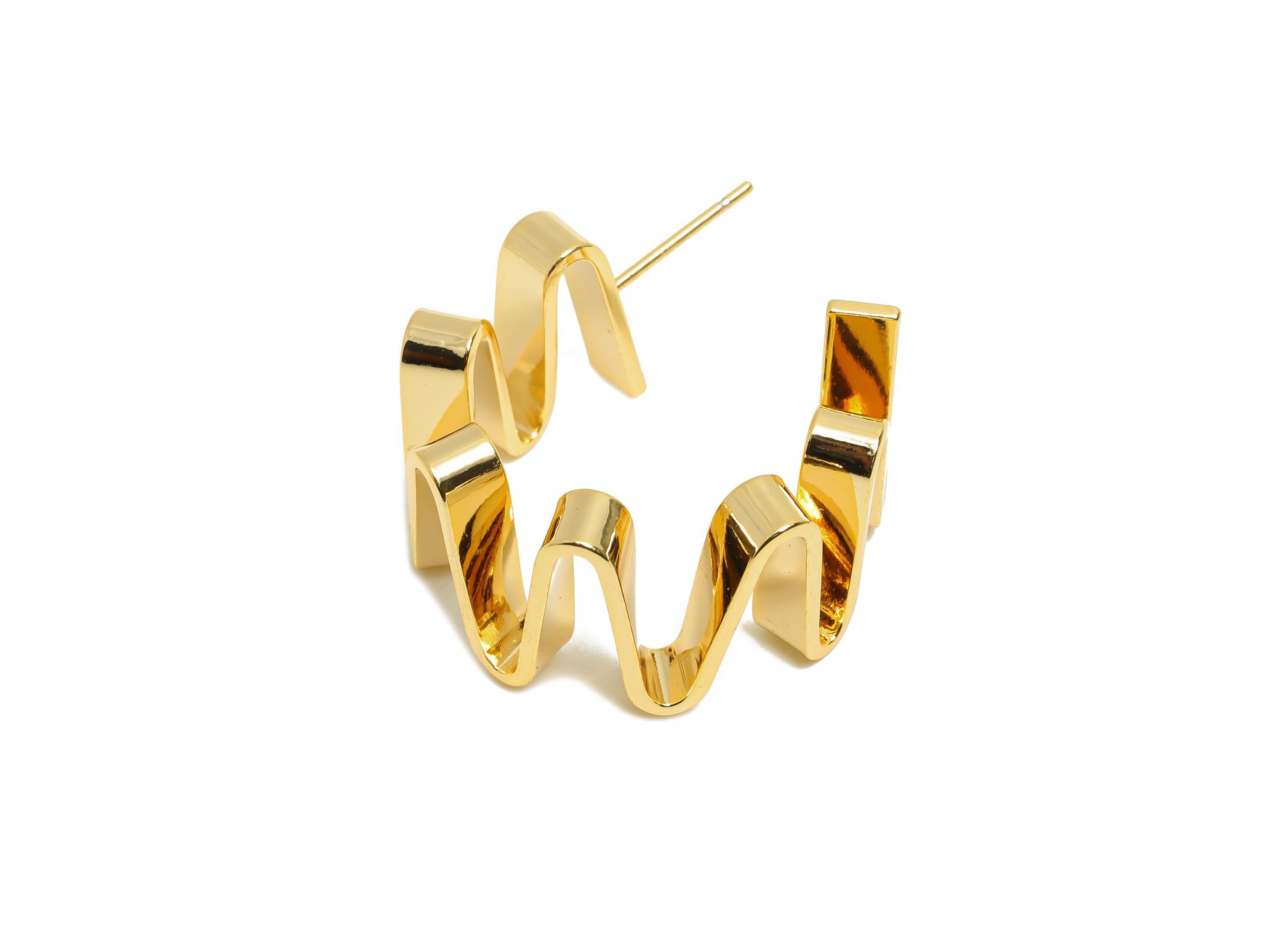Brass Hoop Earring Post - Wavy Modern Gold Ripple Hoop Earring - Curvy Abstract Hoop Earring - 18K Real Gold Plating - 16x14x1mm - RGP10798 - DOMEDBAZAAR