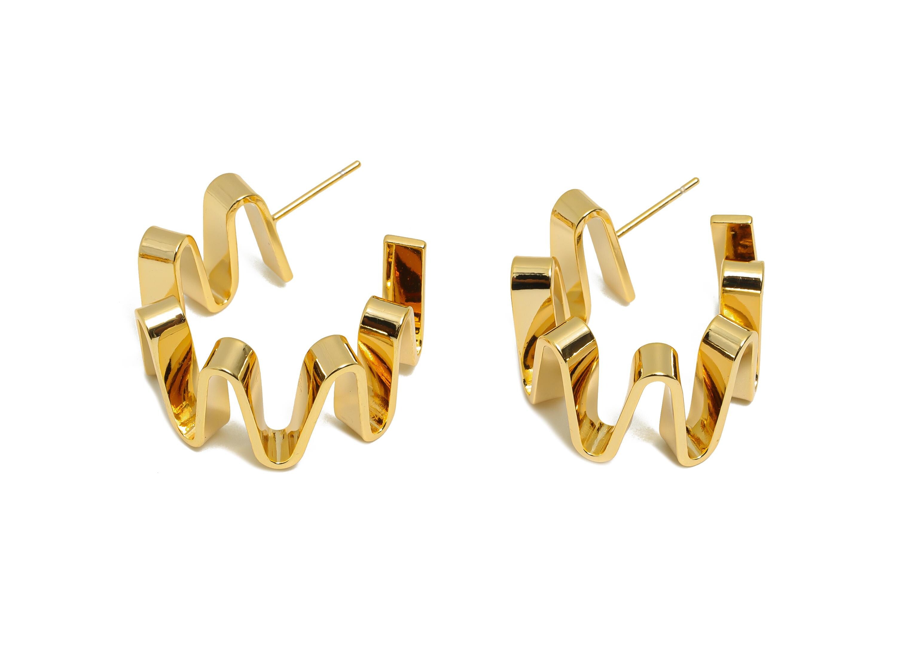 Brass Hoop Earring Post - Wavy Modern Gold Ripple Hoop Earring - Curvy Abstract Hoop Earring - 18K Real Gold Plating - 16x14x1mm - RGP10798 - DOMEDBAZAAR