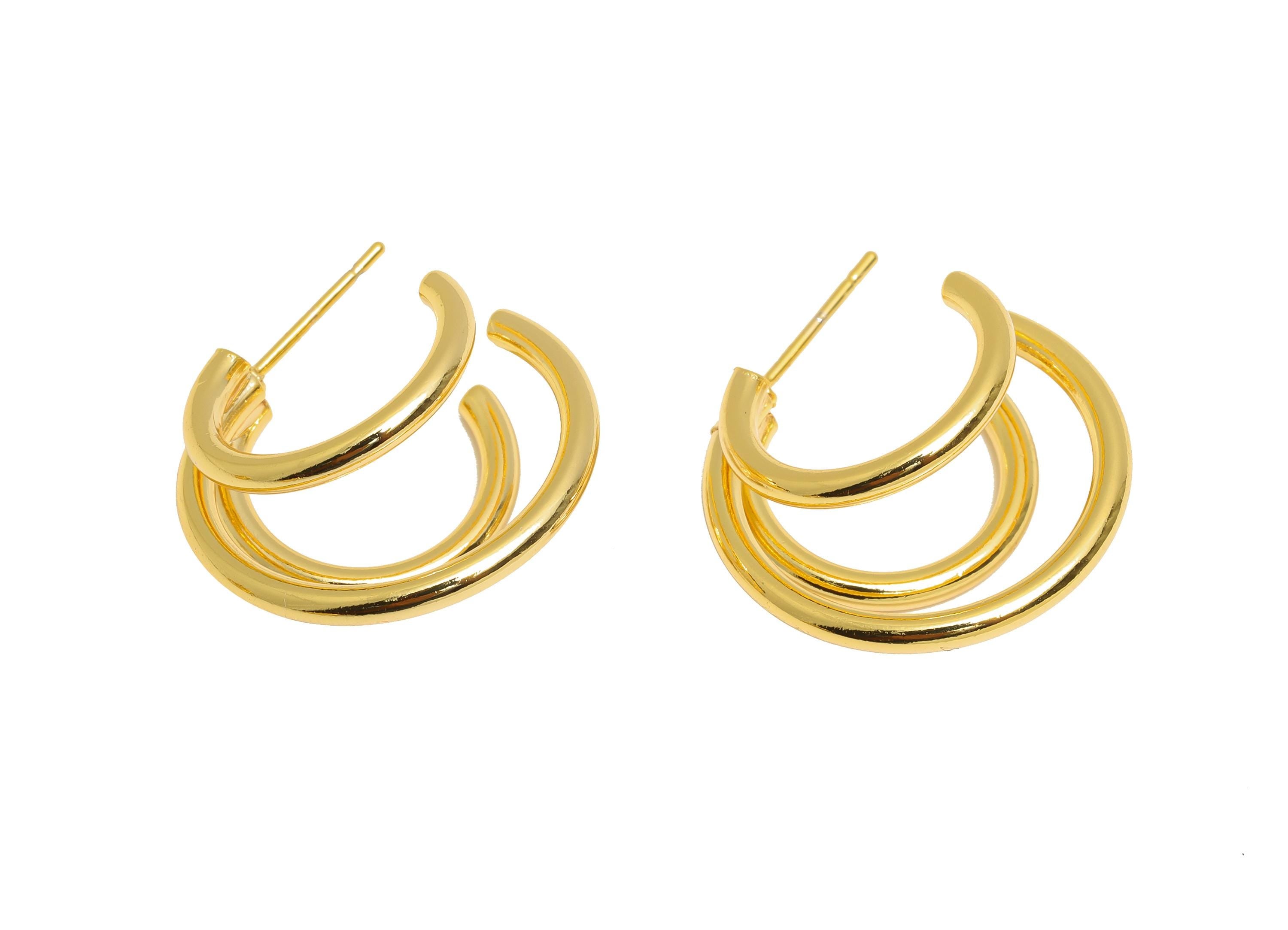 Brass Hoop Earring Post - Open Hoop C Stud Earring - Double Hoop Earring Stud - Everyday Earring - 18K Real Gold Plating -41x31x2mm-RGP10797 - DOMEDBAZAAR