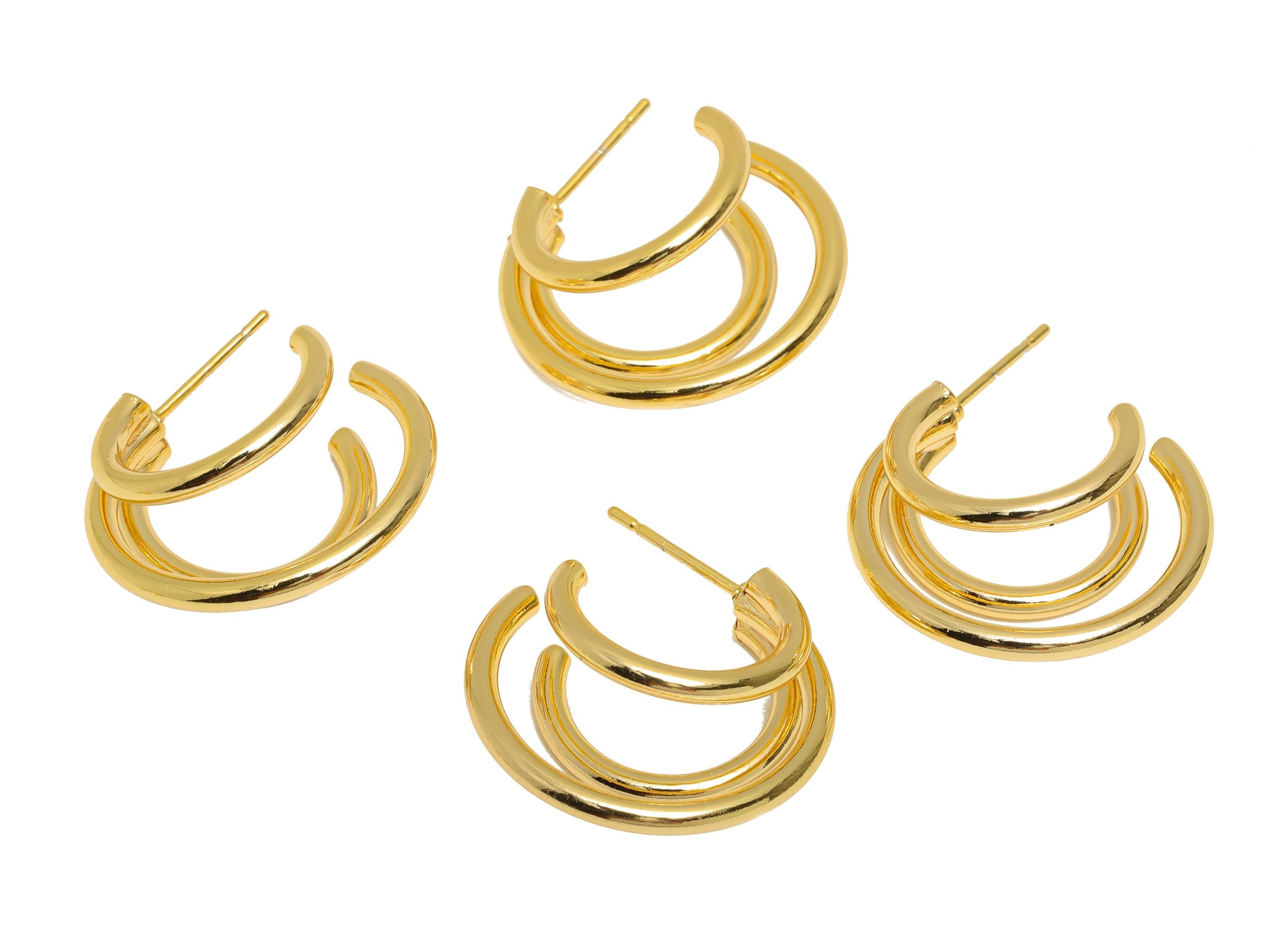 Brass Hoop Earring Post - Open Hoop C Stud Earring - Double Hoop Earring Stud - Everyday Earring - 18K Real Gold Plating -41x31x2mm-RGP10797 - DOMEDBAZAAR