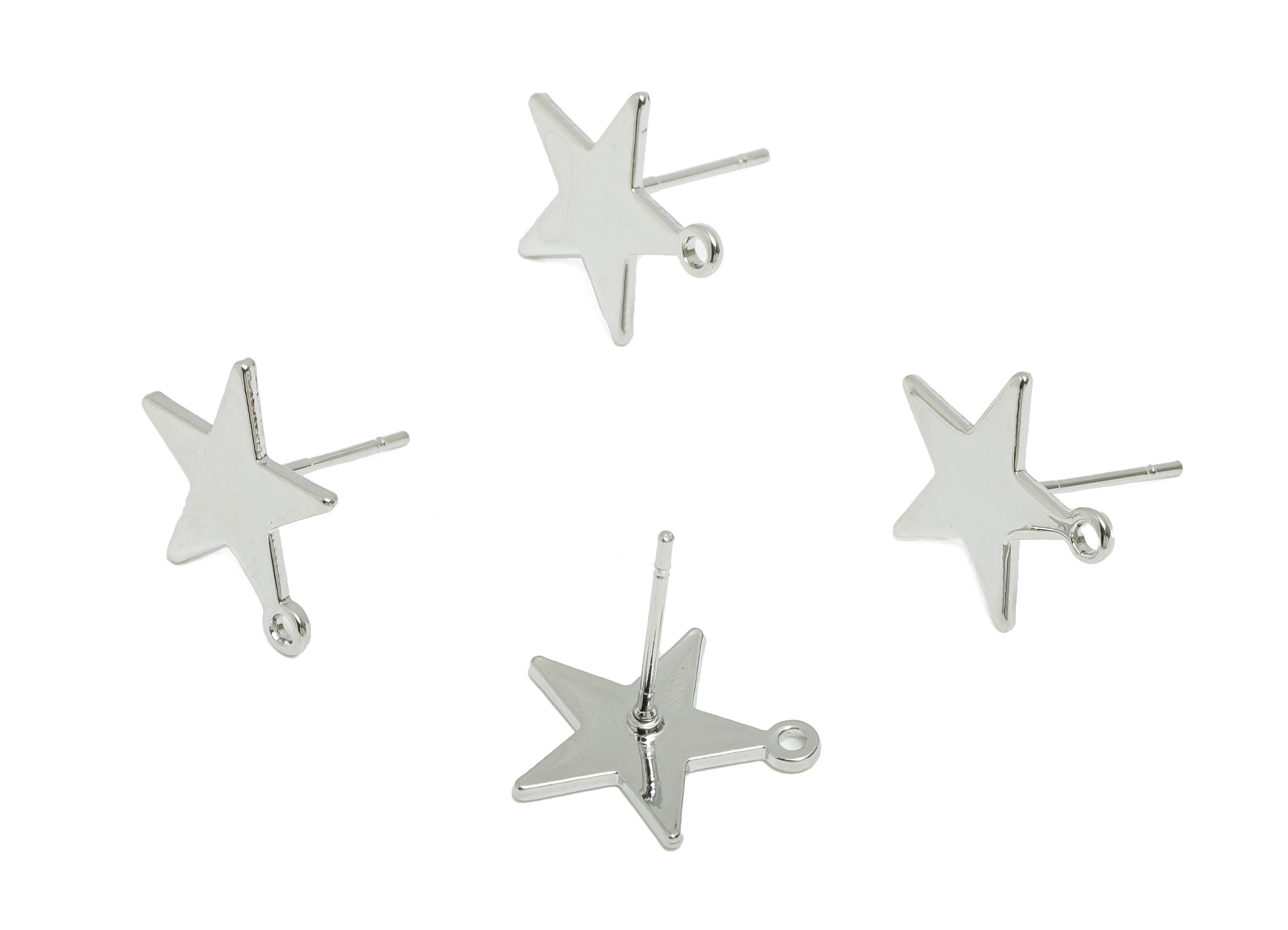 Brass Textured Star Earring Post - Brass Geometric Stud Earring - Base Earring with Hole - 18K Real White Gold Plated - 13.8x12x1mm-RGP10974 - DOMEDBAZAAR