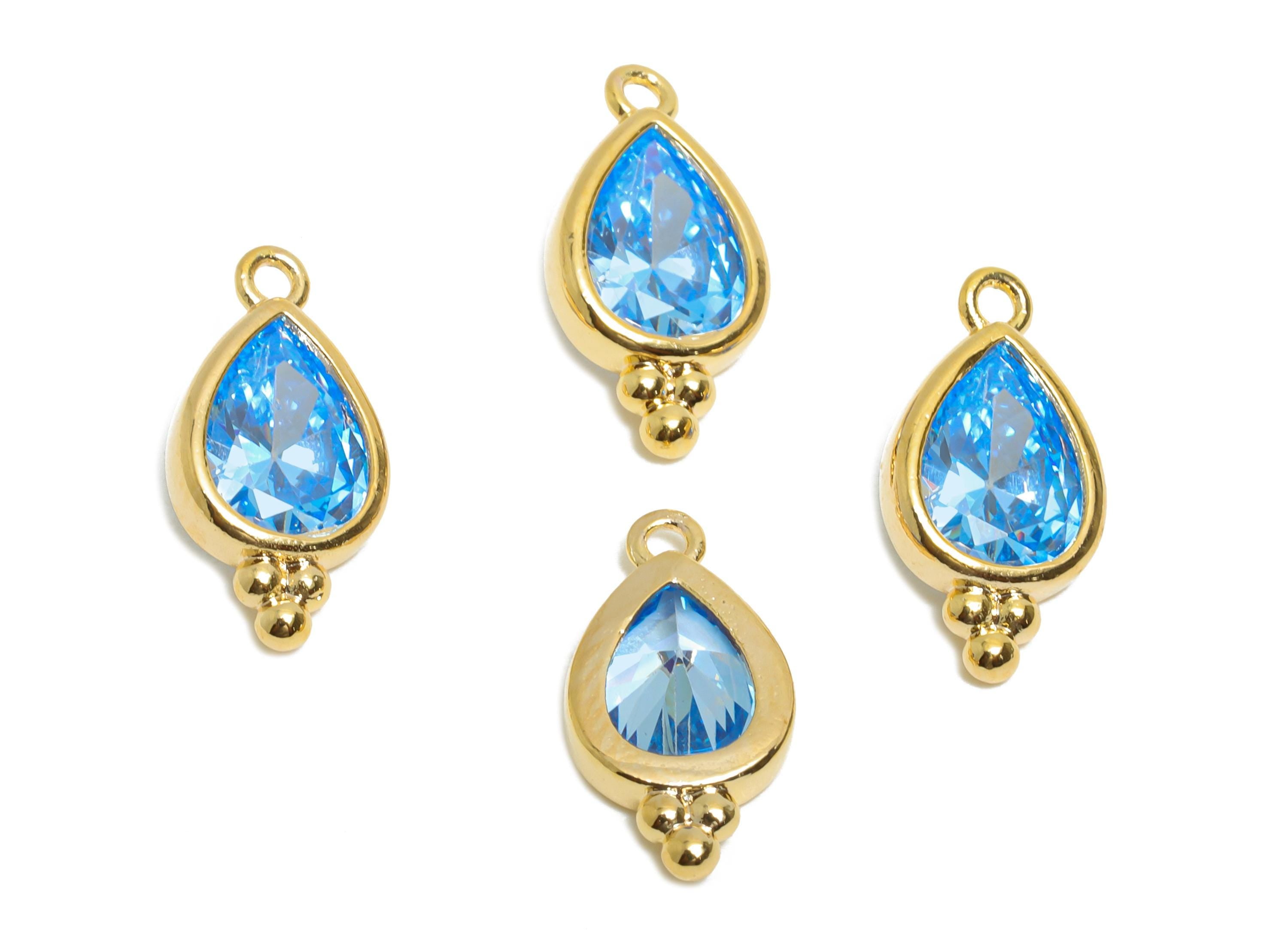 Brass Teardrop Zircon Charm - Shiny Blue Faceted Zircon Pendant for Necklace - For Craft Making - 18K Real Gold Plated - 14x7x3mm - RGP11057 - DOMEDBAZAAR