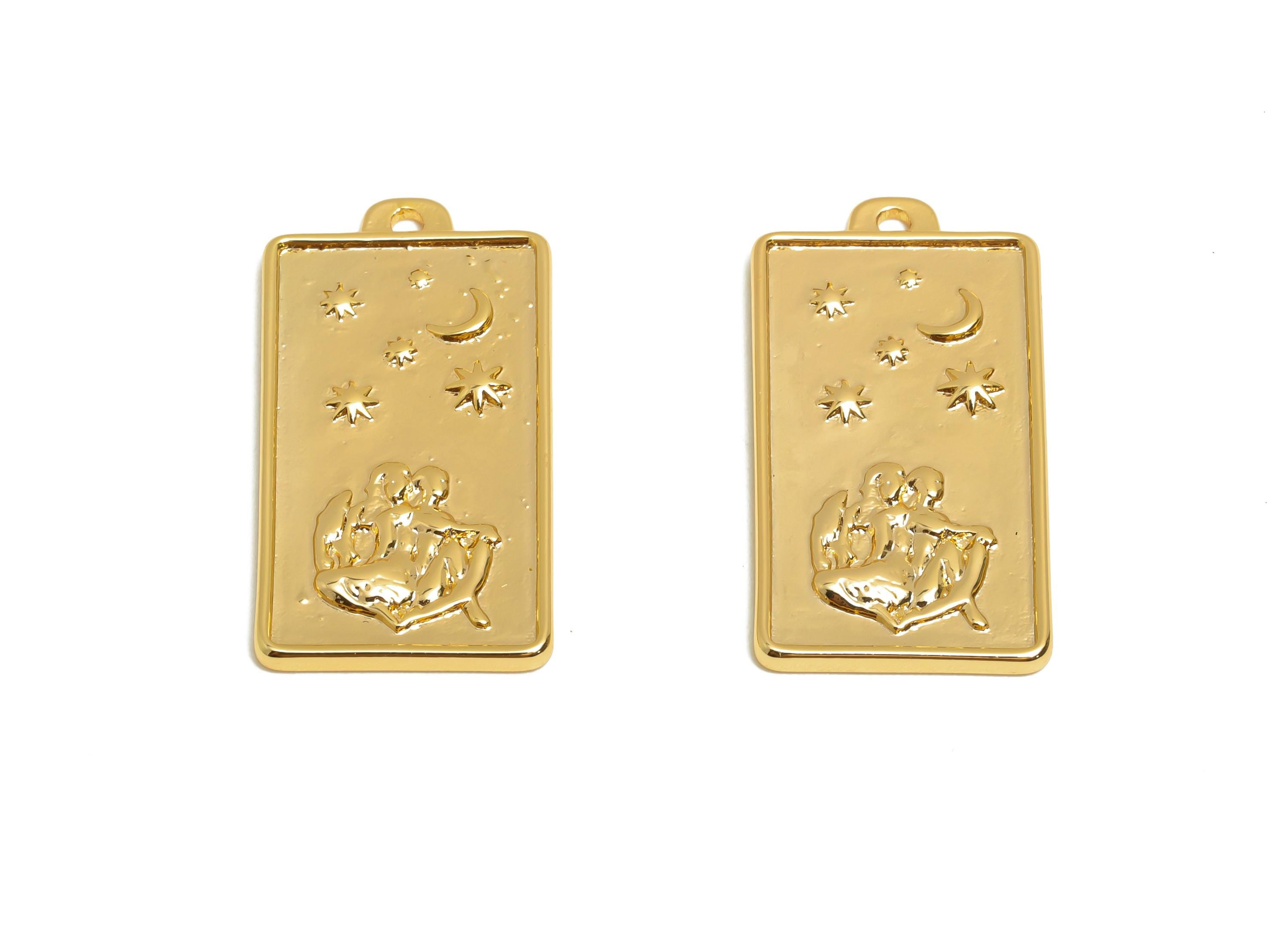 Gemini Zodiac Rectangle Charm - Gold Brass Horoscopes Necklace Pendant - Astrology Good Lucky Charm - 18K Gold Plated - 24x12x1mm - RGP11037 - DOMEDBAZAAR