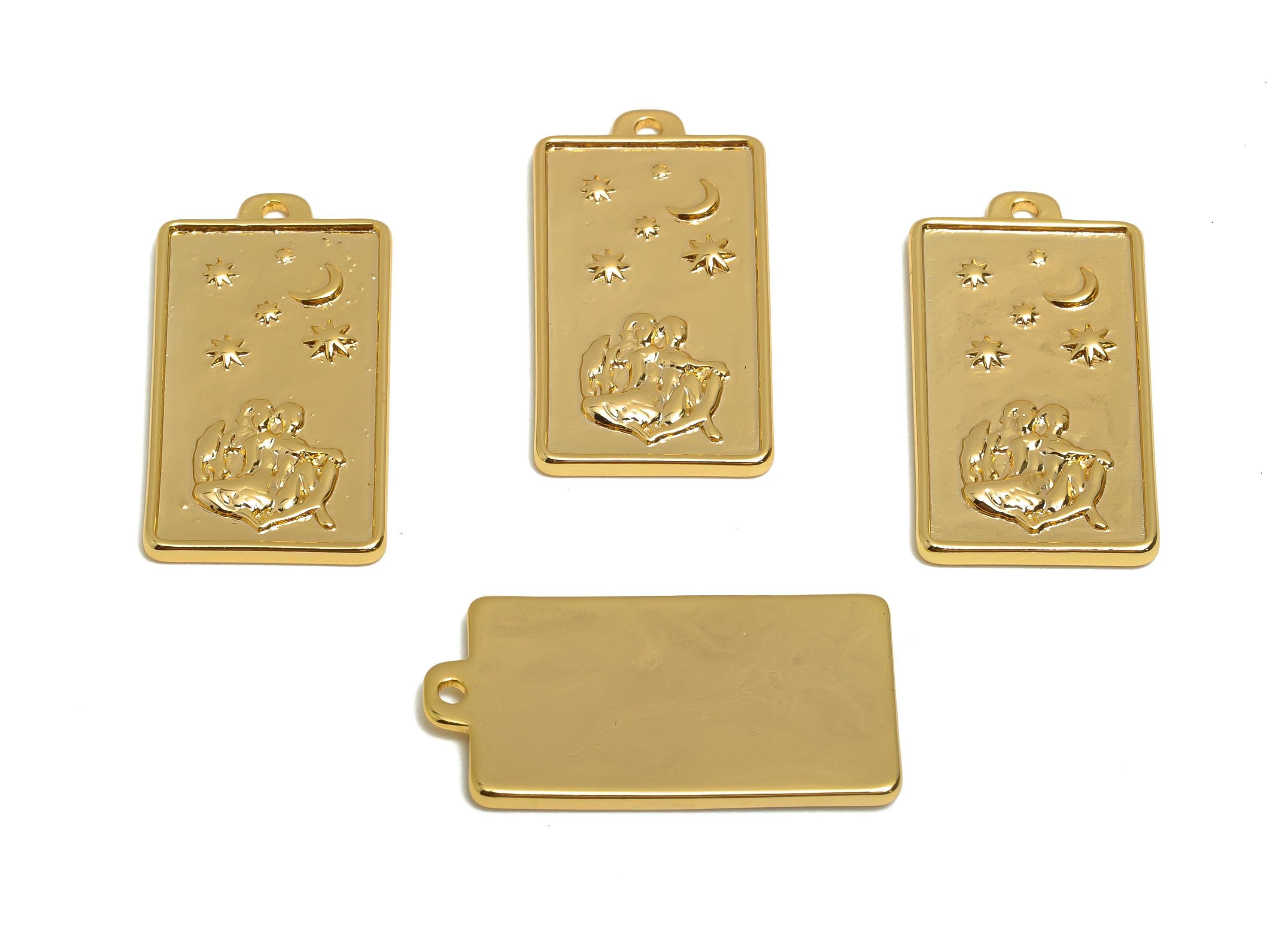 Gemini Zodiac Rectangle Charm - Gold Brass Horoscopes Necklace Pendant - Astrology Good Lucky Charm - 18K Gold Plated - 24x12x1mm - RGP11037 - DOMEDBAZAAR