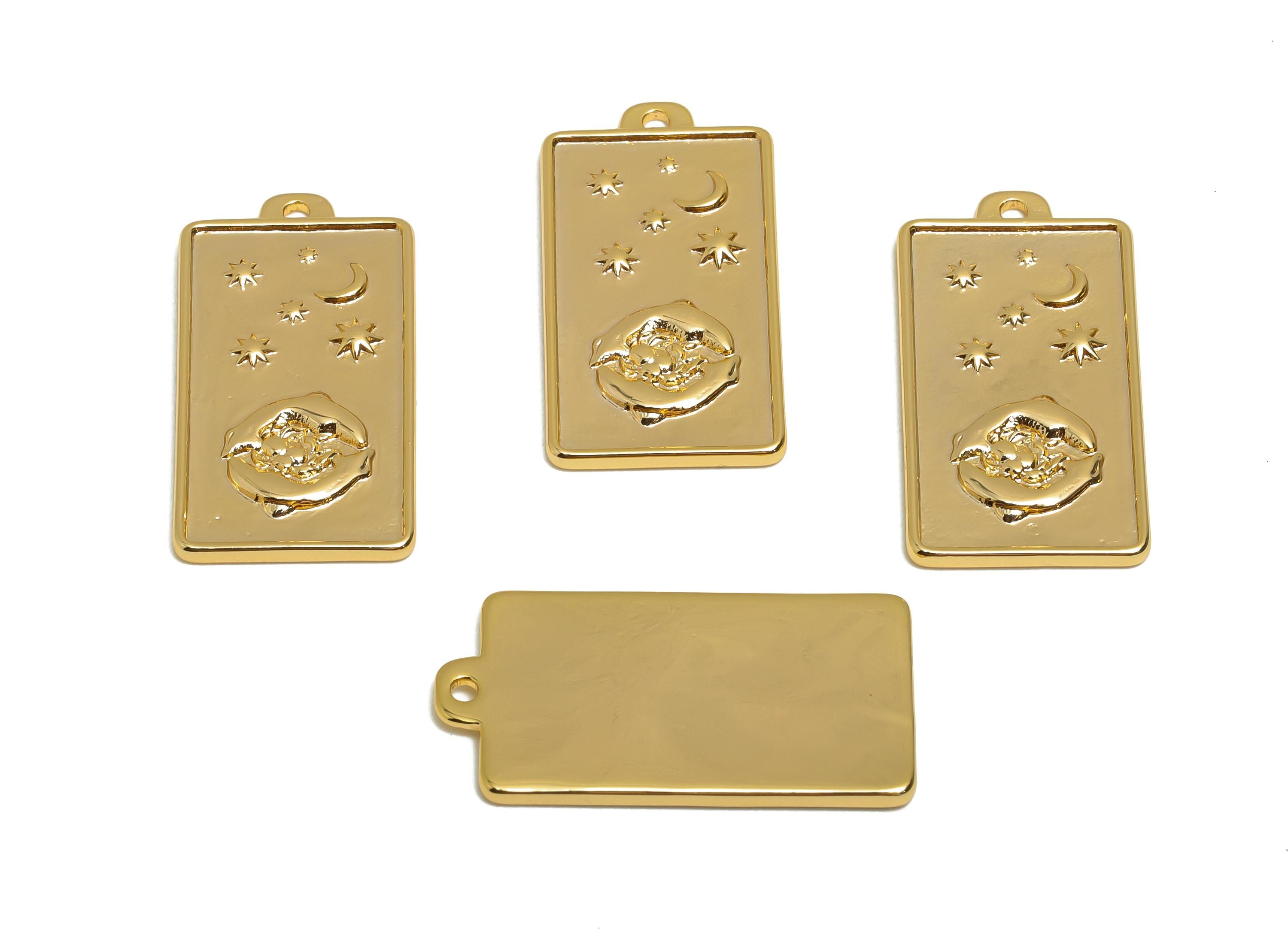 Pisces Zodiac Rectangle Charm - Gold Brass Horoscopes Necklace Pendant - Astrology Good Lucky Charm - 18K Gold Plated - 24x12x1mm - RGP11040 - DOMEDBAZAAR