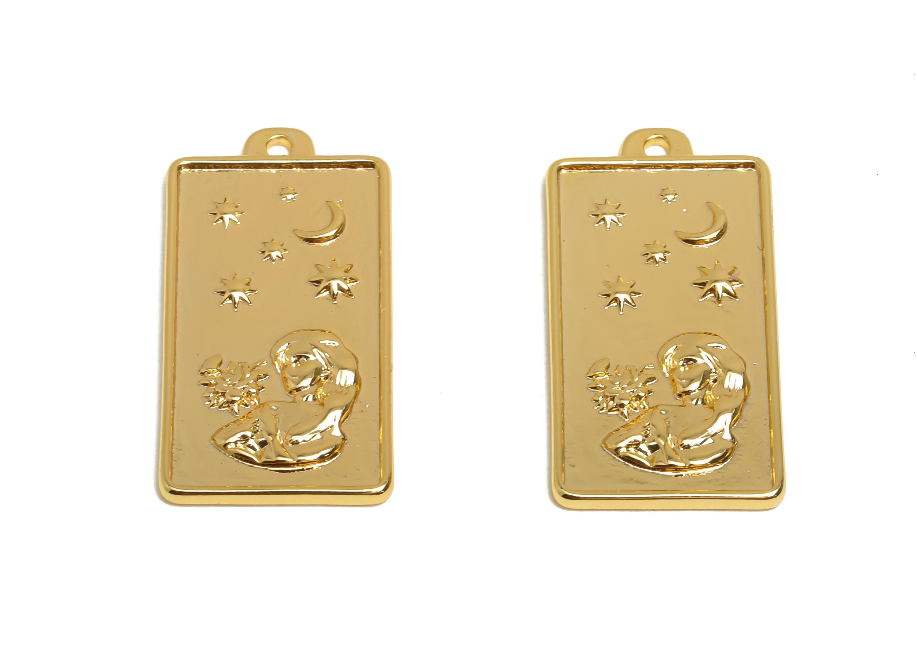 Virgo Zodiac Rectangle Charm - Gold Brass Horoscopes Necklace Pendant - Astrology Good Lucky Charm - 18K Gold Plated - 24x12x1mm - RGP11042 - DOMEDBAZAAR