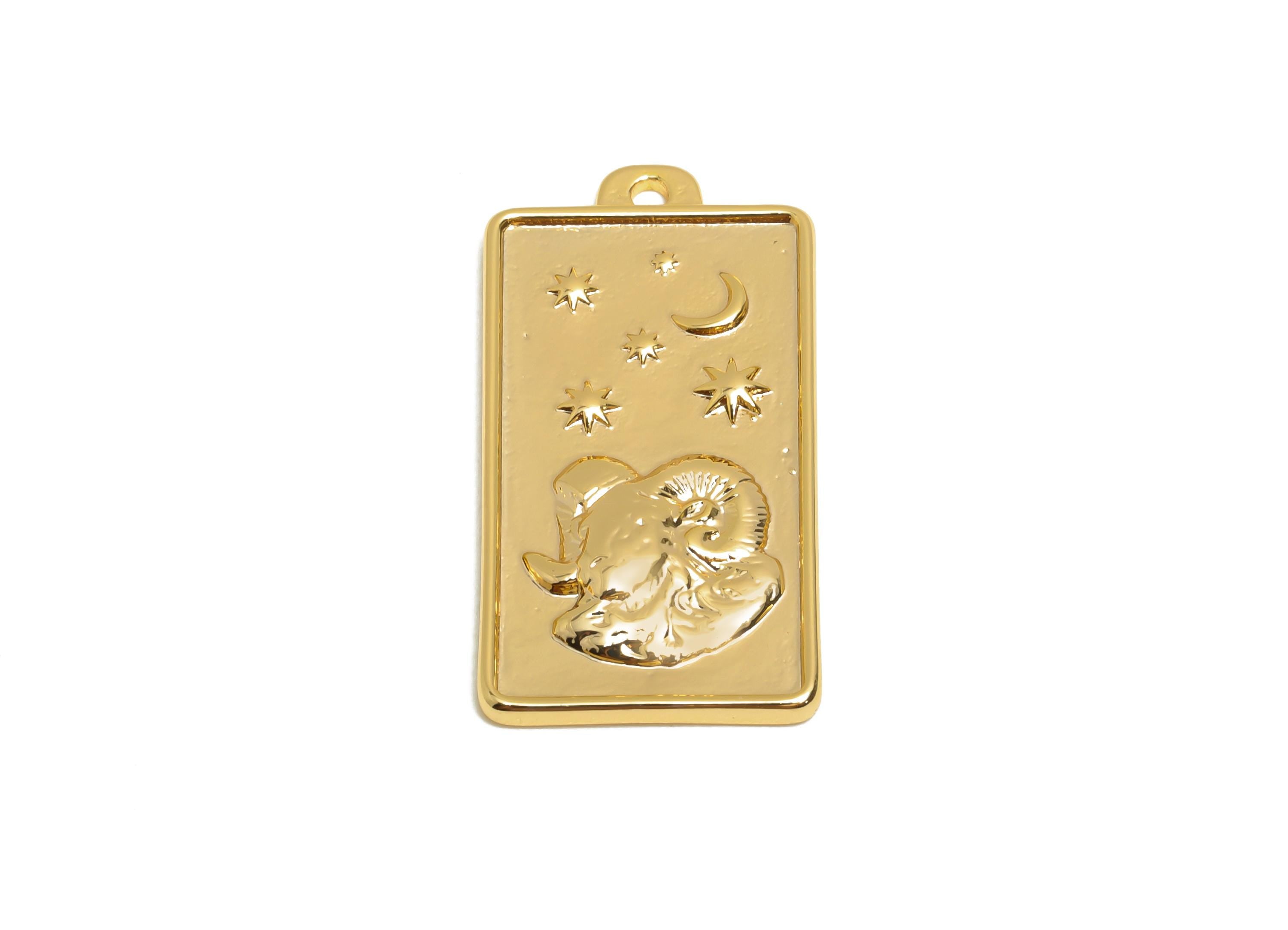 Aries Zodiac Rectangle Charm - Gold Brass Horoscopes Necklace Pendant - Astrology Good Lucky Charm - 18K Gold Plated - 24x12x1mm - RGP11044 - DOMEDBAZAAR