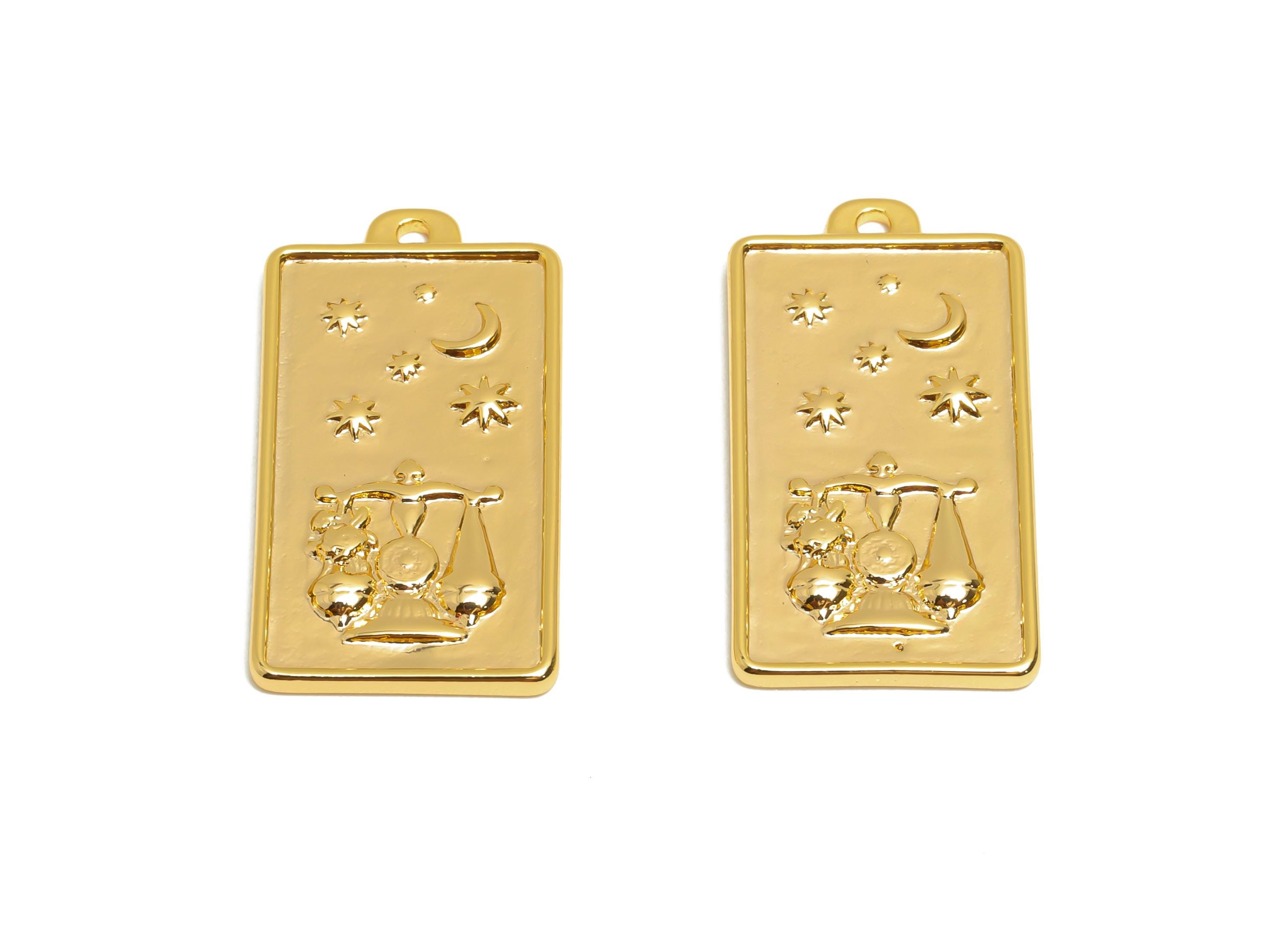 Libra Zodiac Rectangle Charm - Gold Brass Horoscopes Necklace Pendant - Astrology Good Lucky Charm - 18K Gold Plated - 24x12x1mm - RGP11045 - DOMEDBAZAAR