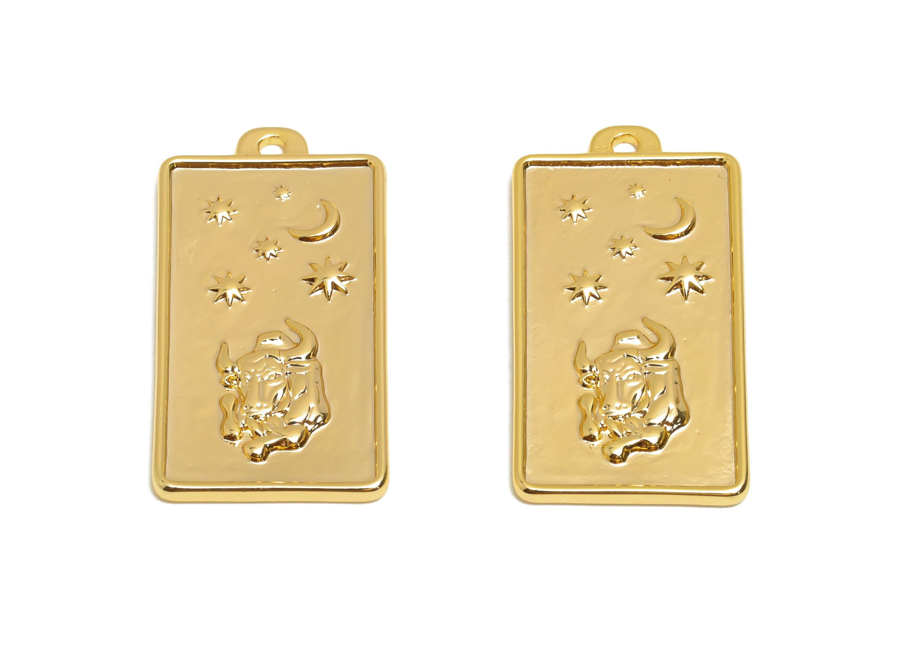 Taurus Zodiac Rectangle Charm - Gold Brass Horoscopes Necklace Pendant - Astrology Good Lucky Charm - 18K Gold Plated - 24x12x1mm - RGP11046 - DOMEDBAZAAR