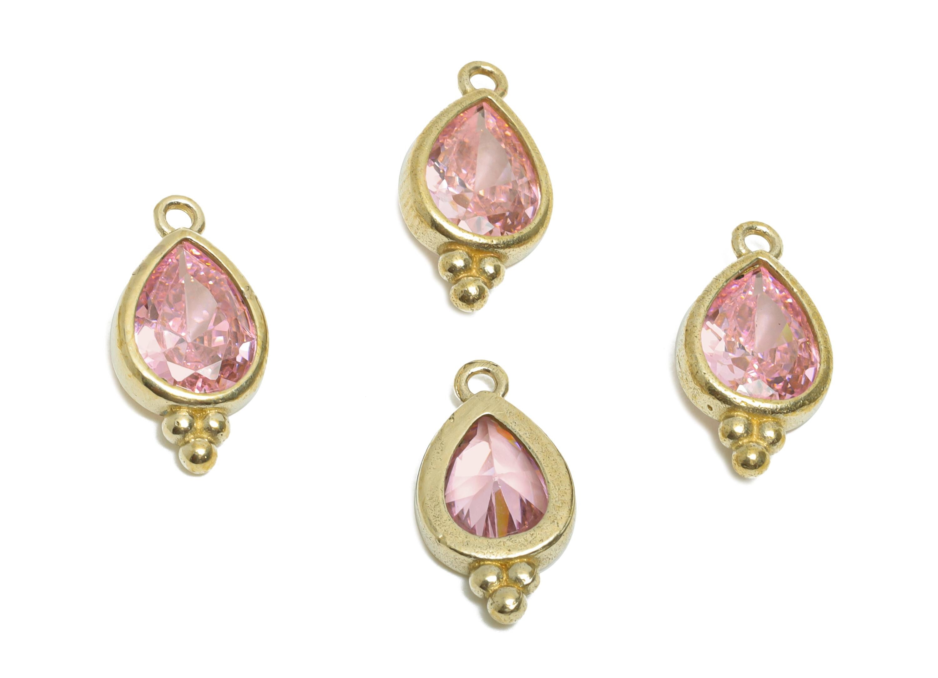 Raw Brass Teardrop Zircon Charm - Dainty Pink Faceted Zircon Necklace Pendant - DIY Jewelry Making - Crafting Making - 14x7x3mm - PP11428 - DOMEDBAZAAR