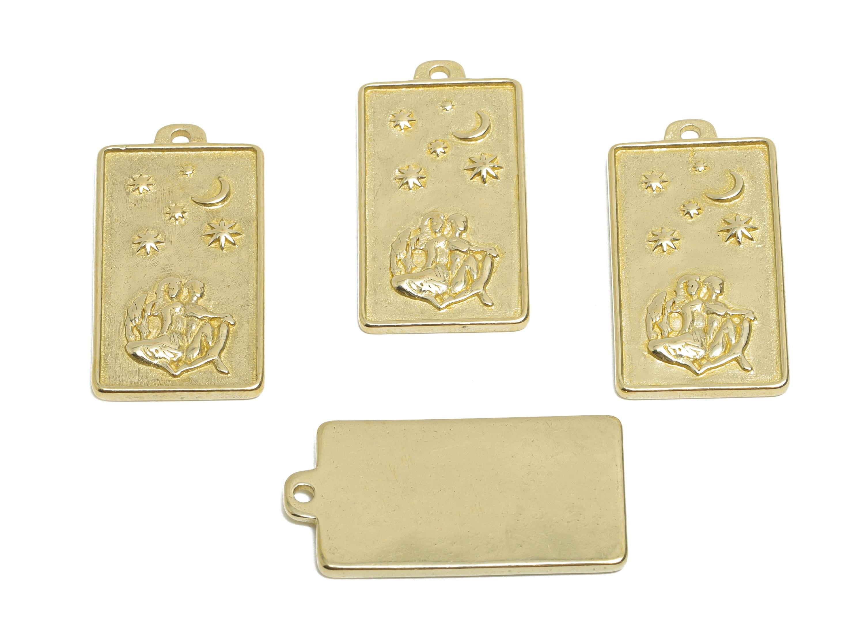 Gemini Zodiac Rectangle Charm - Raw Brass Horoscopes Necklace Pendant - Astrology Good Lucky Charm - Jewelry Making - 24x12x1mm - PP11409 - DOMEDBAZAAR
